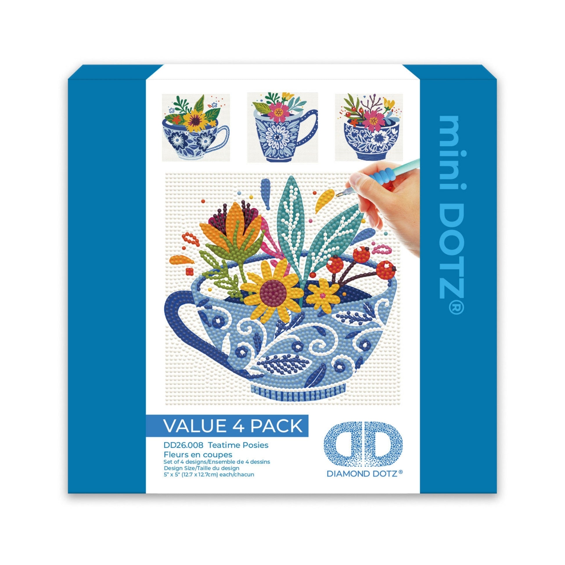 A craft kit box labeled Diamond Dotz Mini Dotz featuring floral teacup designs. Three finished examples and a hand placing dots are shown. The kit is called Teatime Posies, and the box is blue and white.