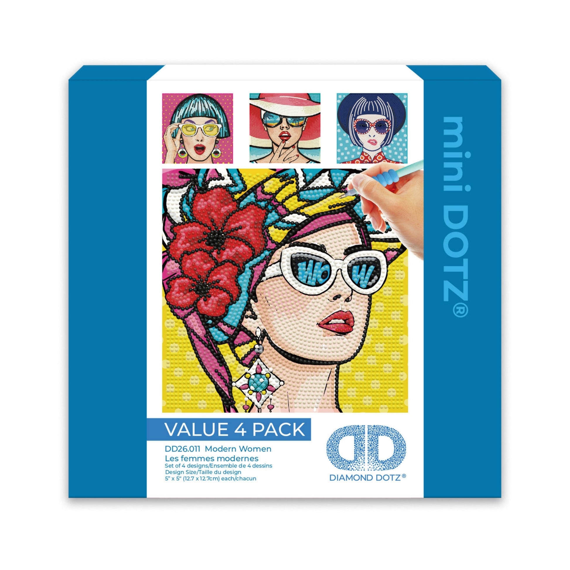 A blue Diamond Dotz Mini Dotz box shows four pop-art women with sunglasses, one being made by hand with colored dot stickers. The text VALUE 4 PACK and Modern Women appears on the packaging.
