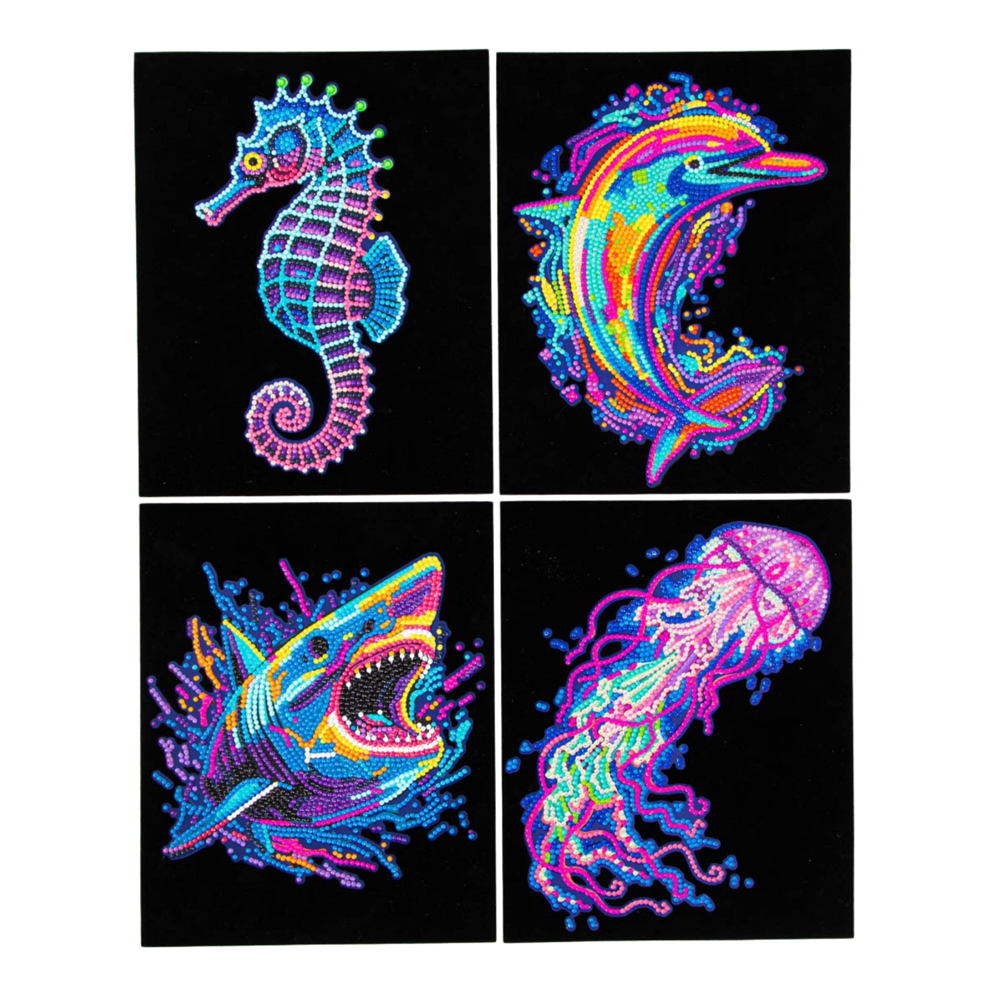 Diamond Dotz Dotzies Neon Flock features four vibrant neon designs—a seahorse, dolphin, shark, and jellyfish—on a black background with bold glowing dot patterns.