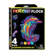 A box of Diamond Dotz Dotzies Neon Flock featuring a colorful, beaded dolphin design. The kit includes four packs and shows small images of a seahorse, fish, and jellyfish on the front.