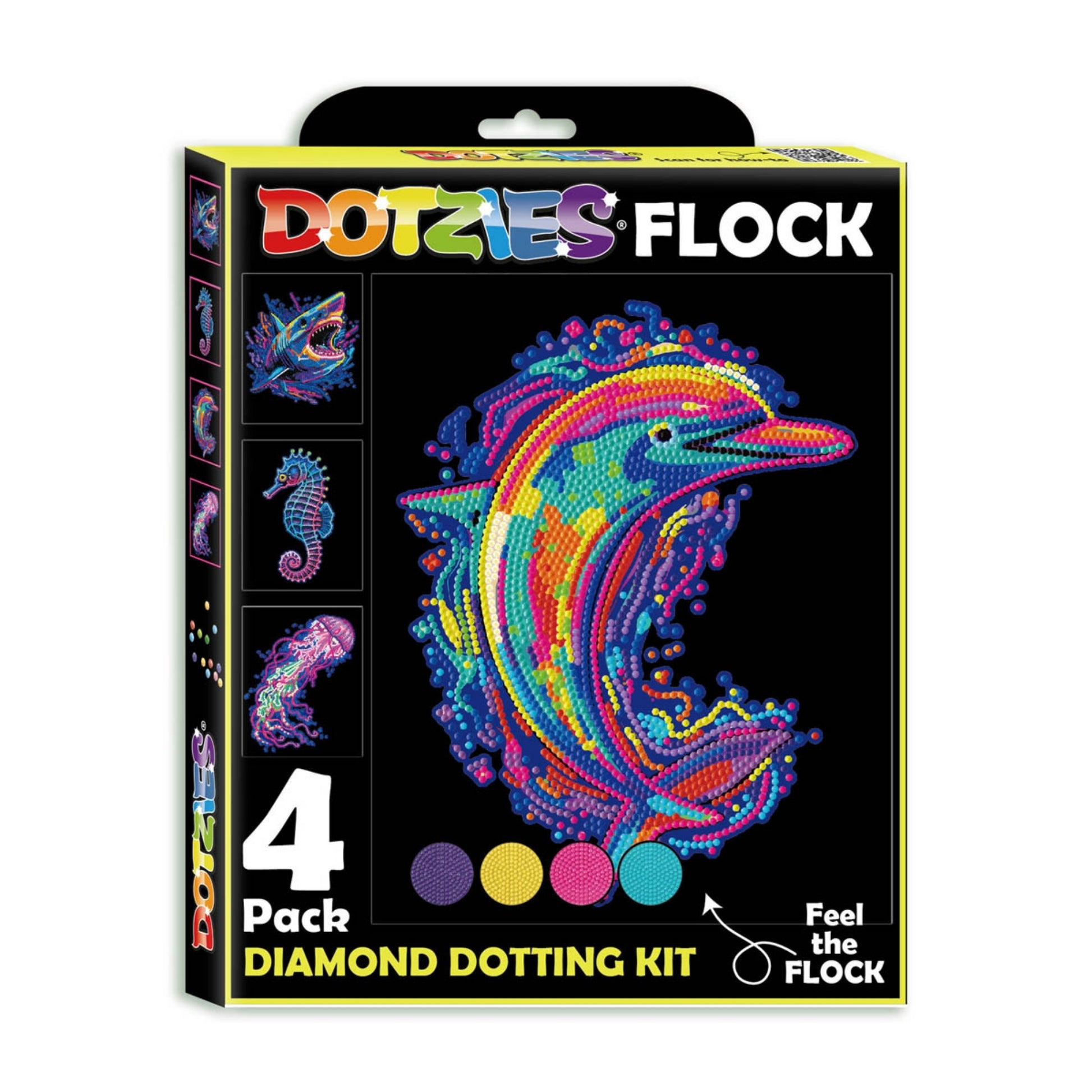 A box of Diamond Dotz Dotzies Neon Flock featuring a colorful, beaded dolphin design. The kit includes four packs and shows small images of a seahorse, fish, and jellyfish on the front.