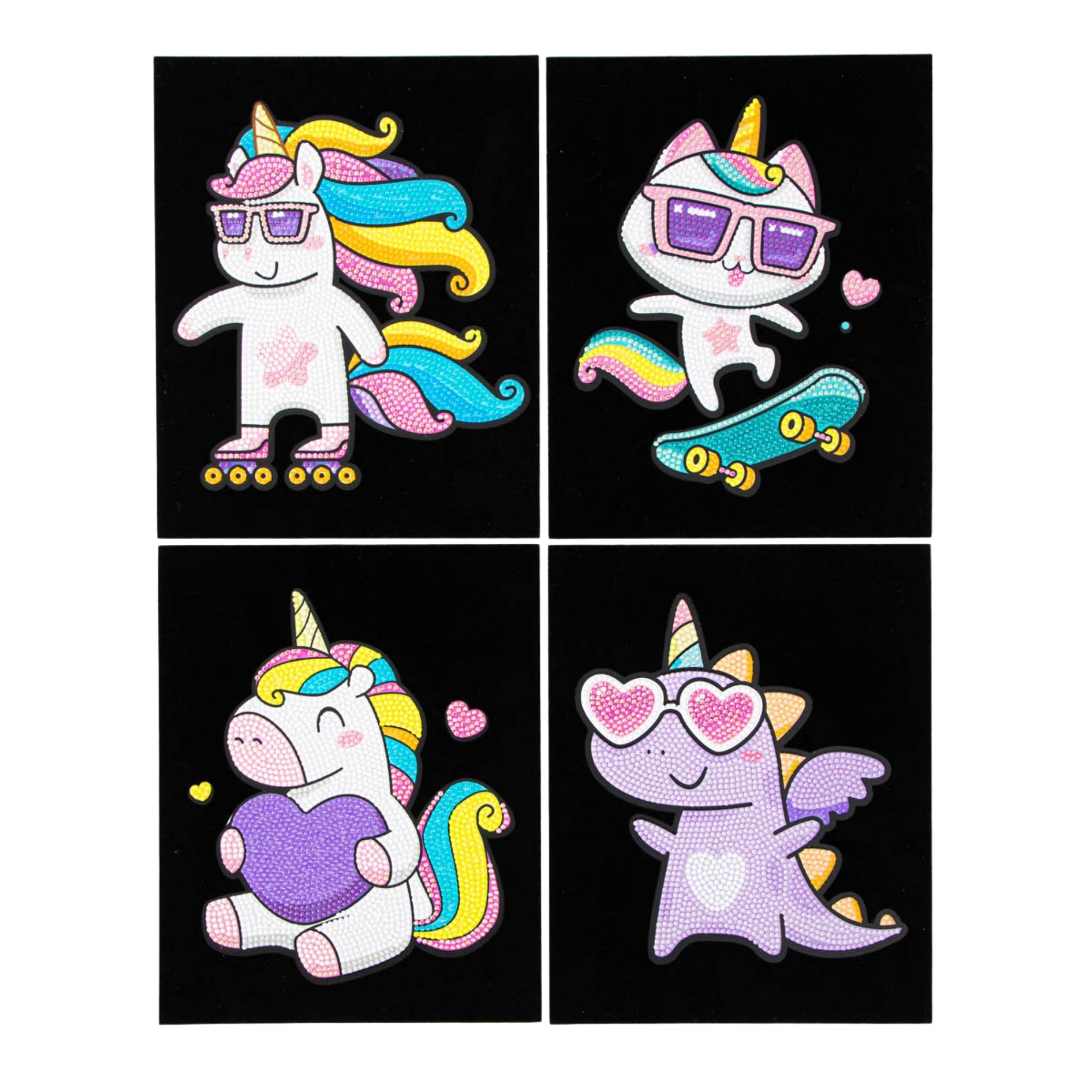 Add sparkle to your projects with Diamond Dotz Dotzies Neon Flock: four vibrant unicorn designs—roller skating, skateboarding, hugging a heart, and flying with heart sunglasses—all with rainbow manes and tails.