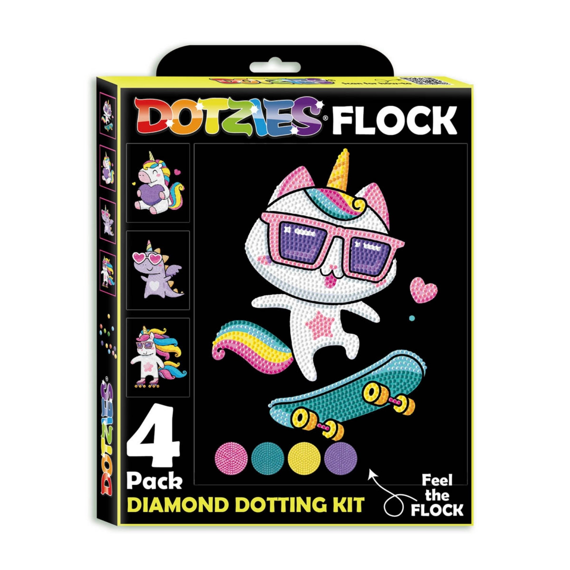 Diamond Dotz Dotzies Neon Flock kit featuring a unicorn cat with sunglasses, rainbow tail, and skateboard. Includes extra unicorn cat images and four dotting colors: yellow, pink, blue, and purple.