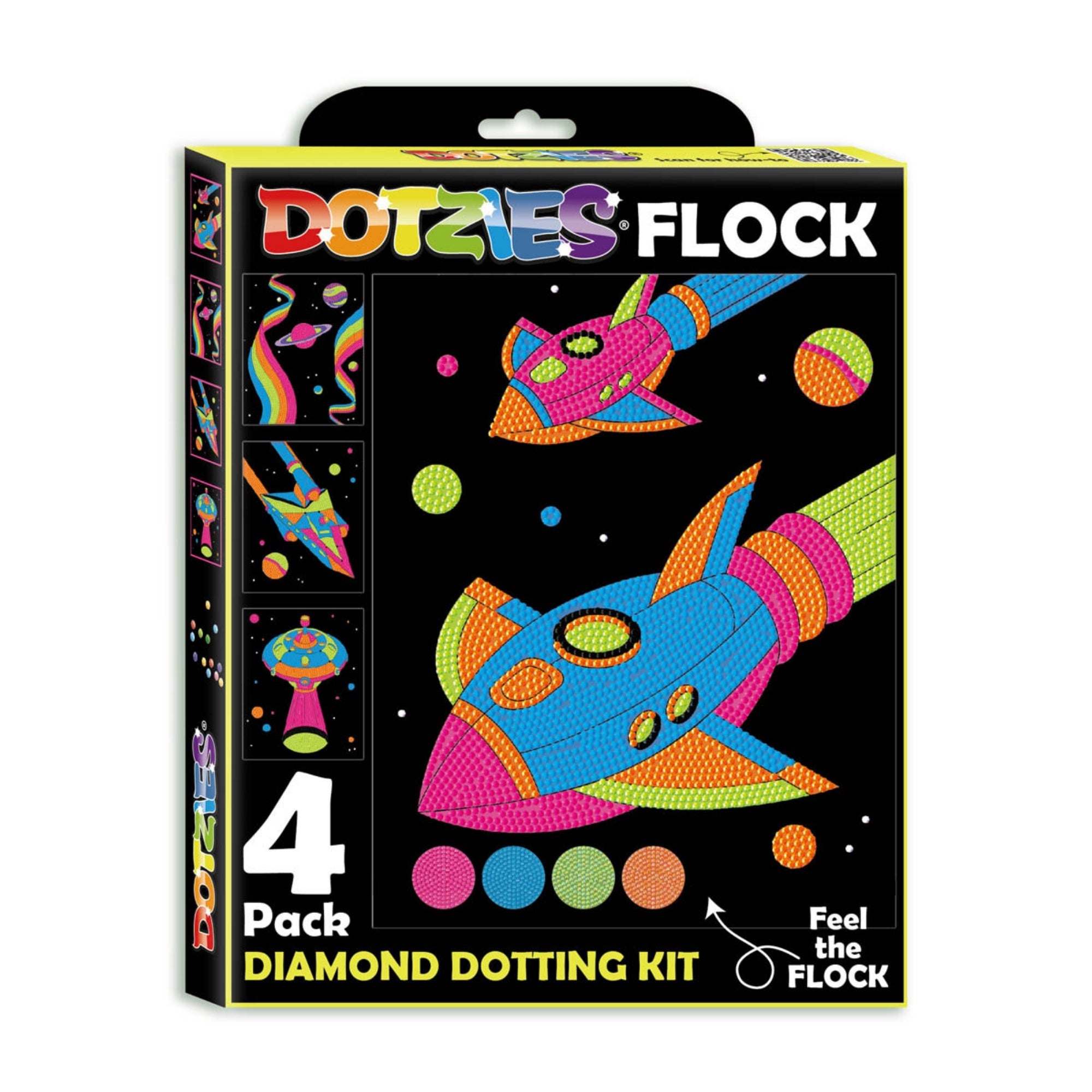 Box of Diamond Dotz Dotzies Neon Flock featuring two vibrant, dotted spaceships and planets on a black background. Includes four packs with bright neon dot colors and “Feel the Flock” text on the front.