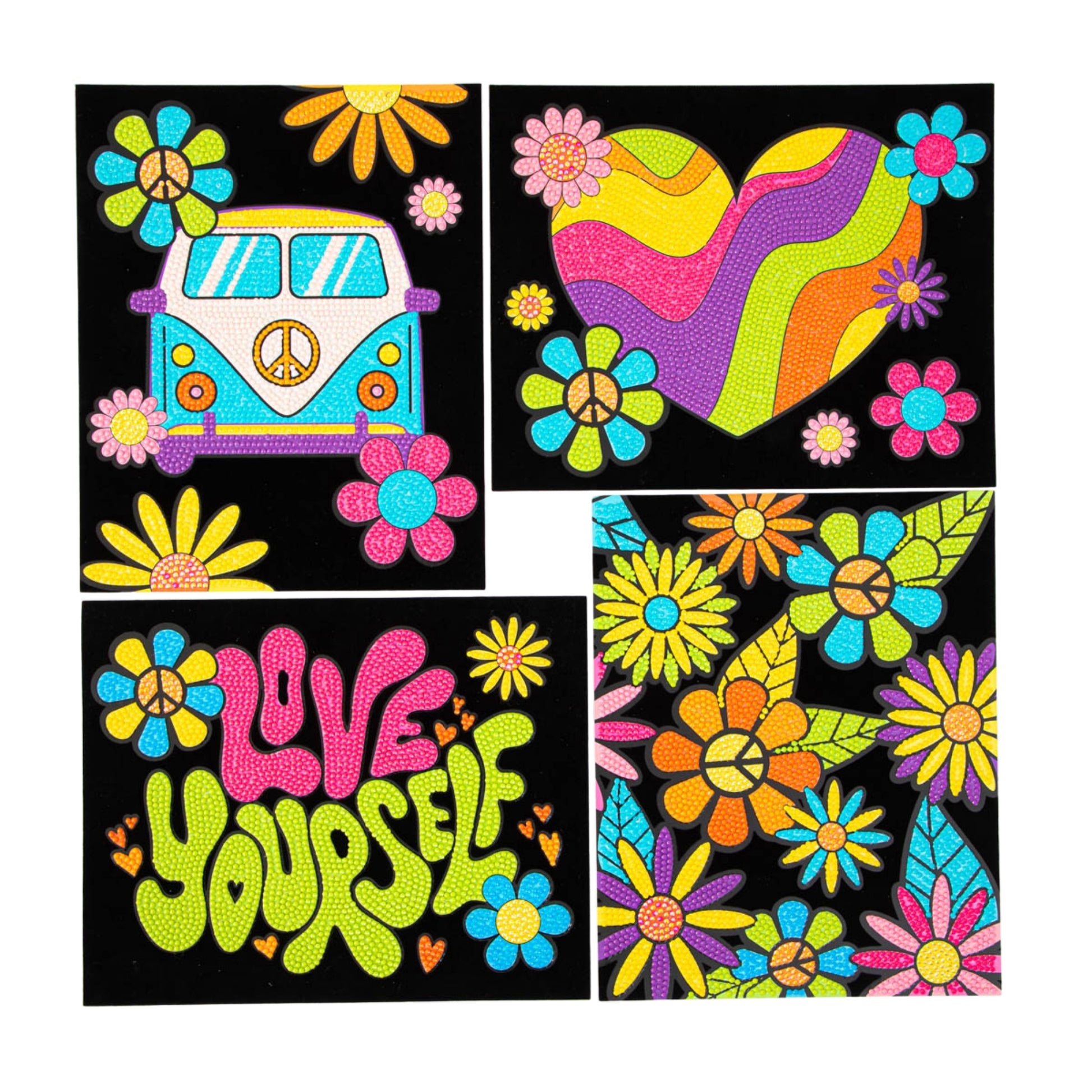 Diamond Dotz Dotzies Neon Flock features four retro-style designs—van with peace sign, wavy rainbow heart, “Love Yourself” text, and vibrant flowers—each set against a black background for striking contrast.