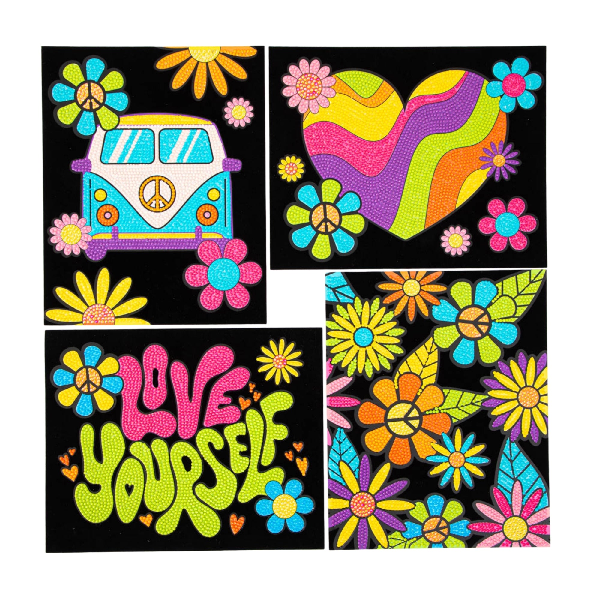 Diamond Dotz Dotzies Neon Flock features four retro-style designs—van with peace sign, wavy rainbow heart, “Love Yourself” text, and vibrant flowers—each set against a black background for striking contrast.