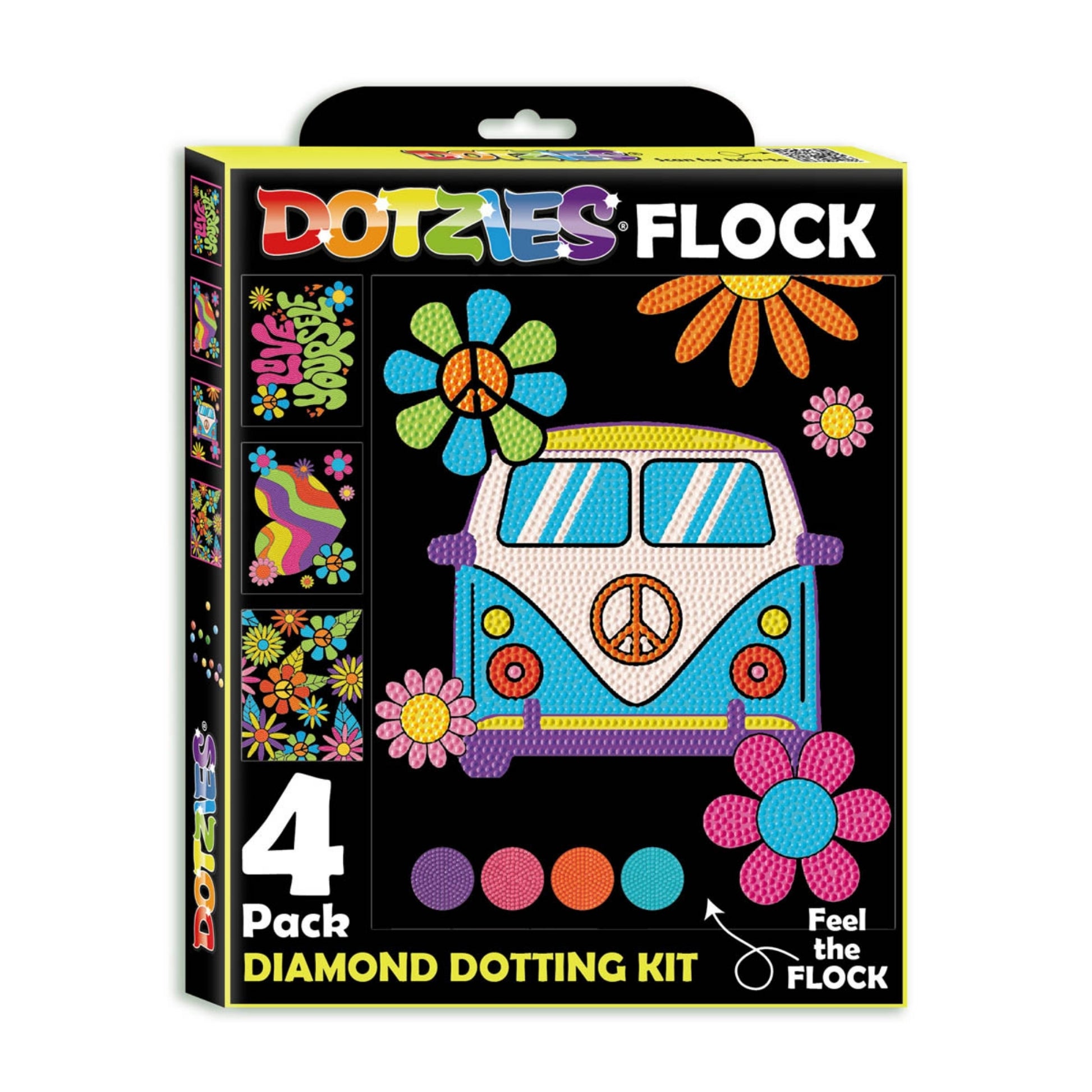 The Diamond Dotz Dotzies Neon Flock kit features a retro van, peace sign, and bright flowers on black. Includes 4 designs and neon dot materials, with “Feel the Flock” text in the corner.