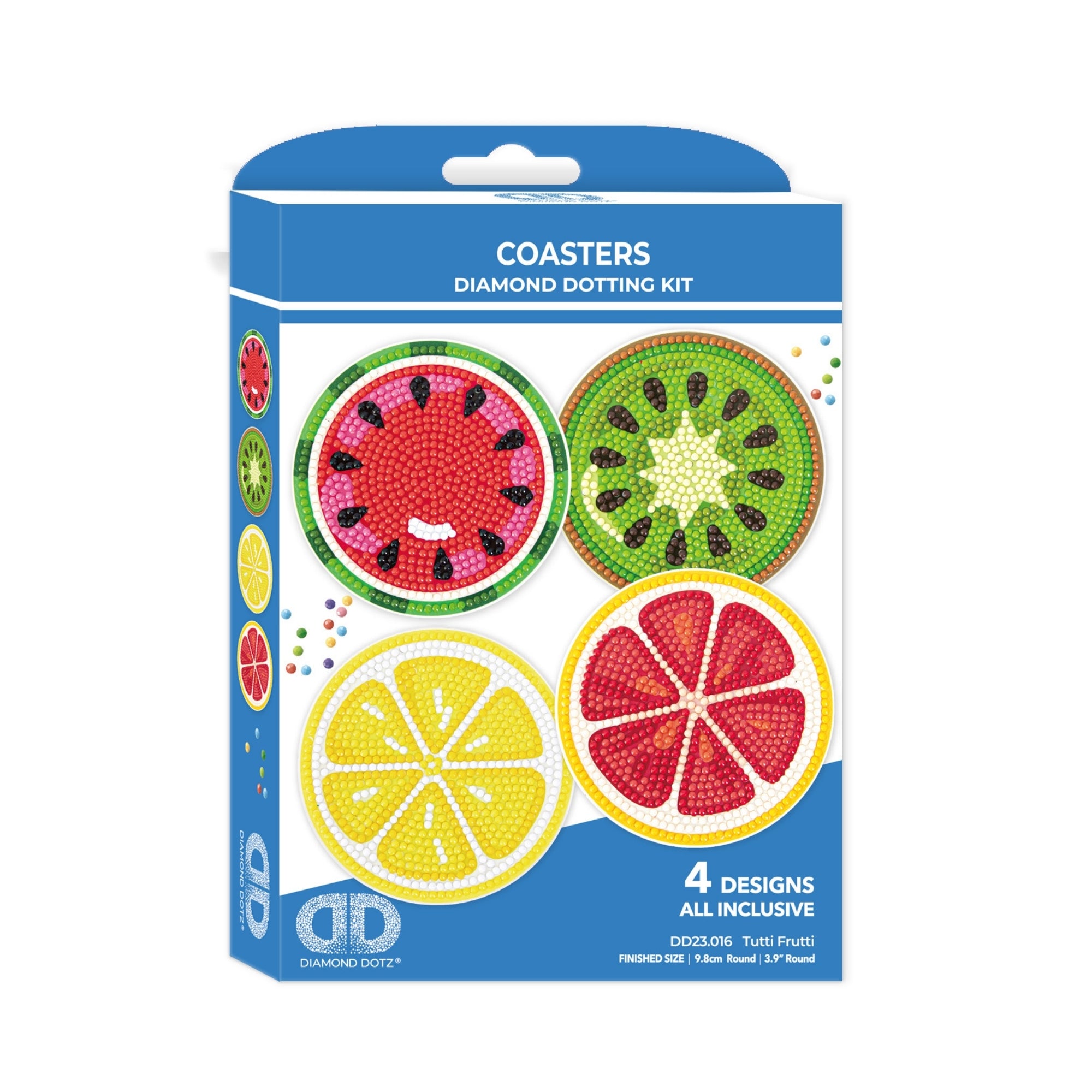 The Diamond Dotz Coasters kit includes four round fruit slice coasters—watermelon, kiwi, orange, and lemon. The blue box features images of the coasters and colorful beads for diamond dotting.