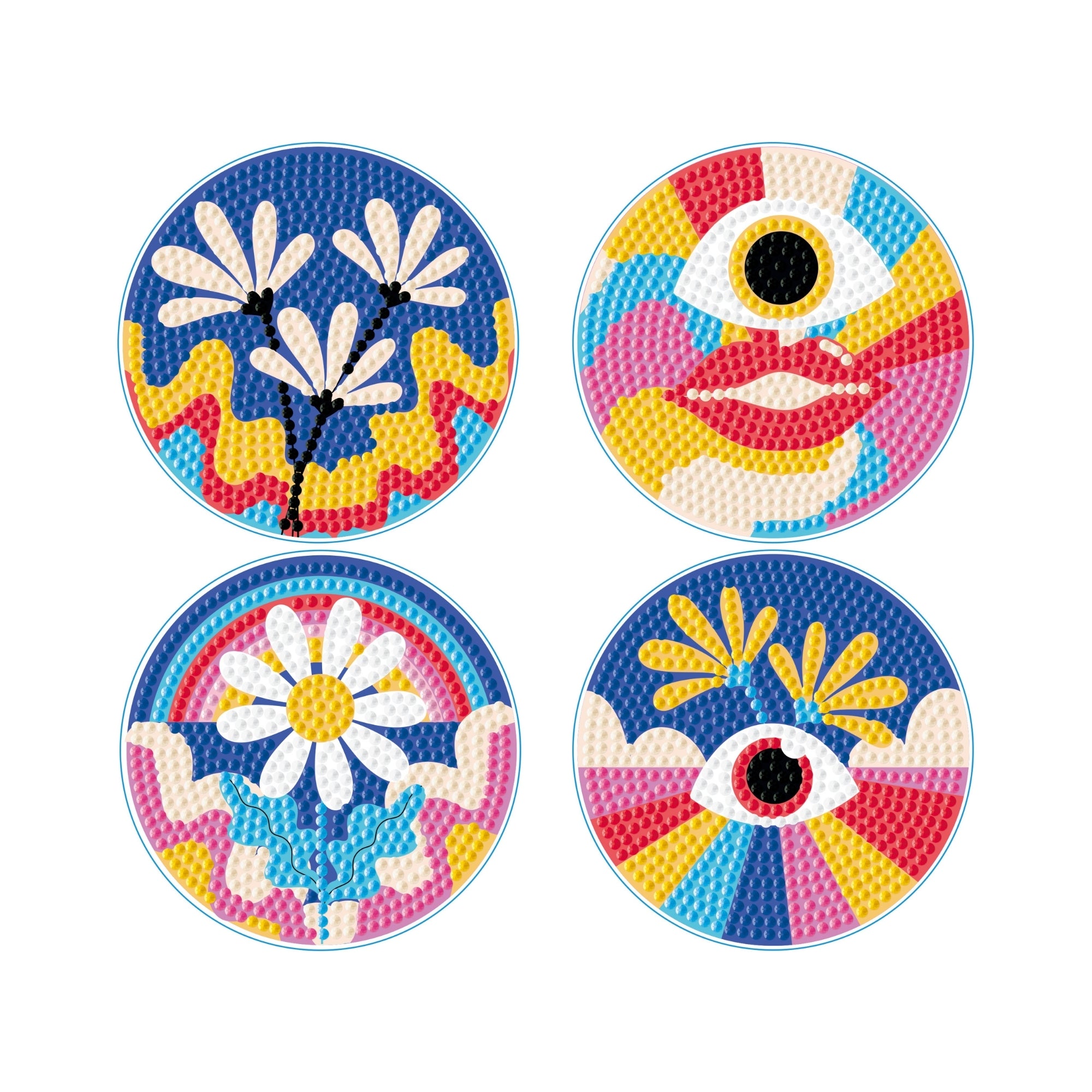 Set of four Diamond Dotz Coasters with round, colorful designs: one with white flowers on blue, one with abstract shapes and an eye, one with a daisy, and one featuring an eye with yellow rays.