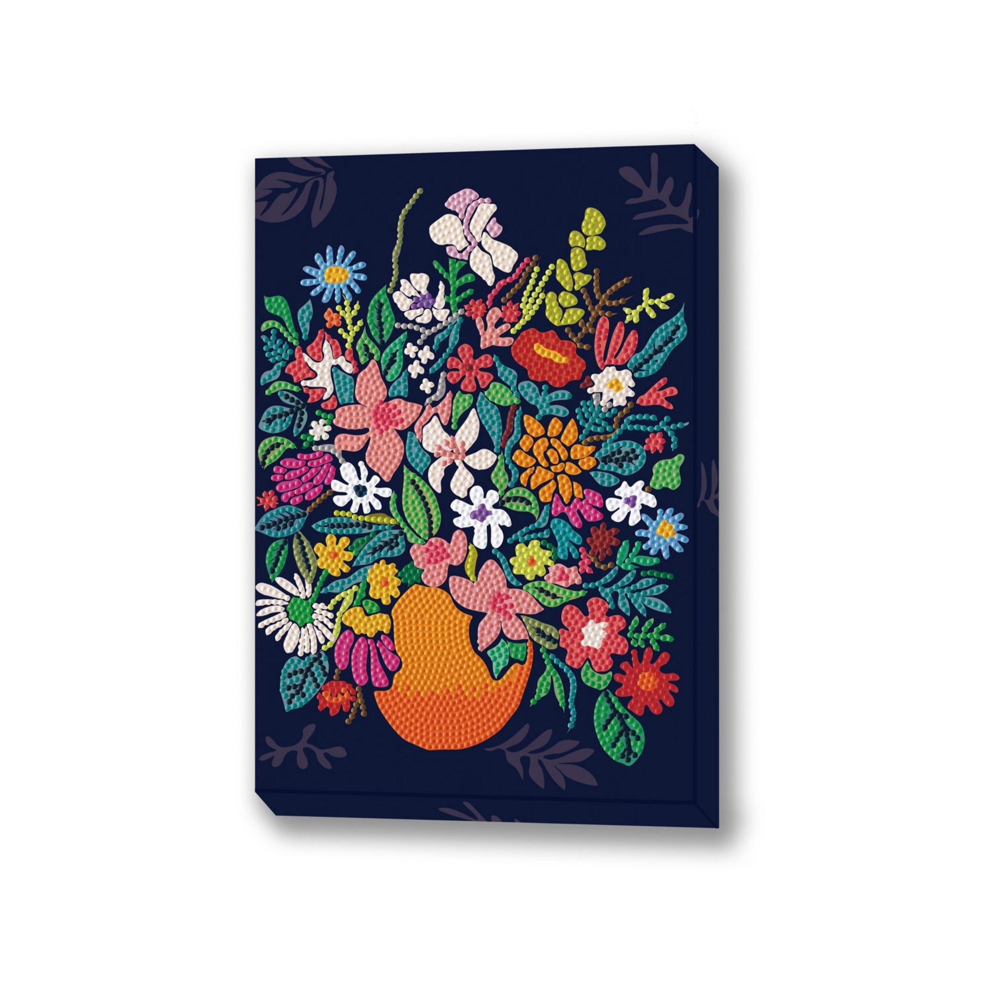 Diamond Dotz Large Dotz Decor features colorful embroidered flowers of various shapes and sizes in an orange vase against a dark blue background with subtle leaf patterns, displayed on a rectangular canvas.