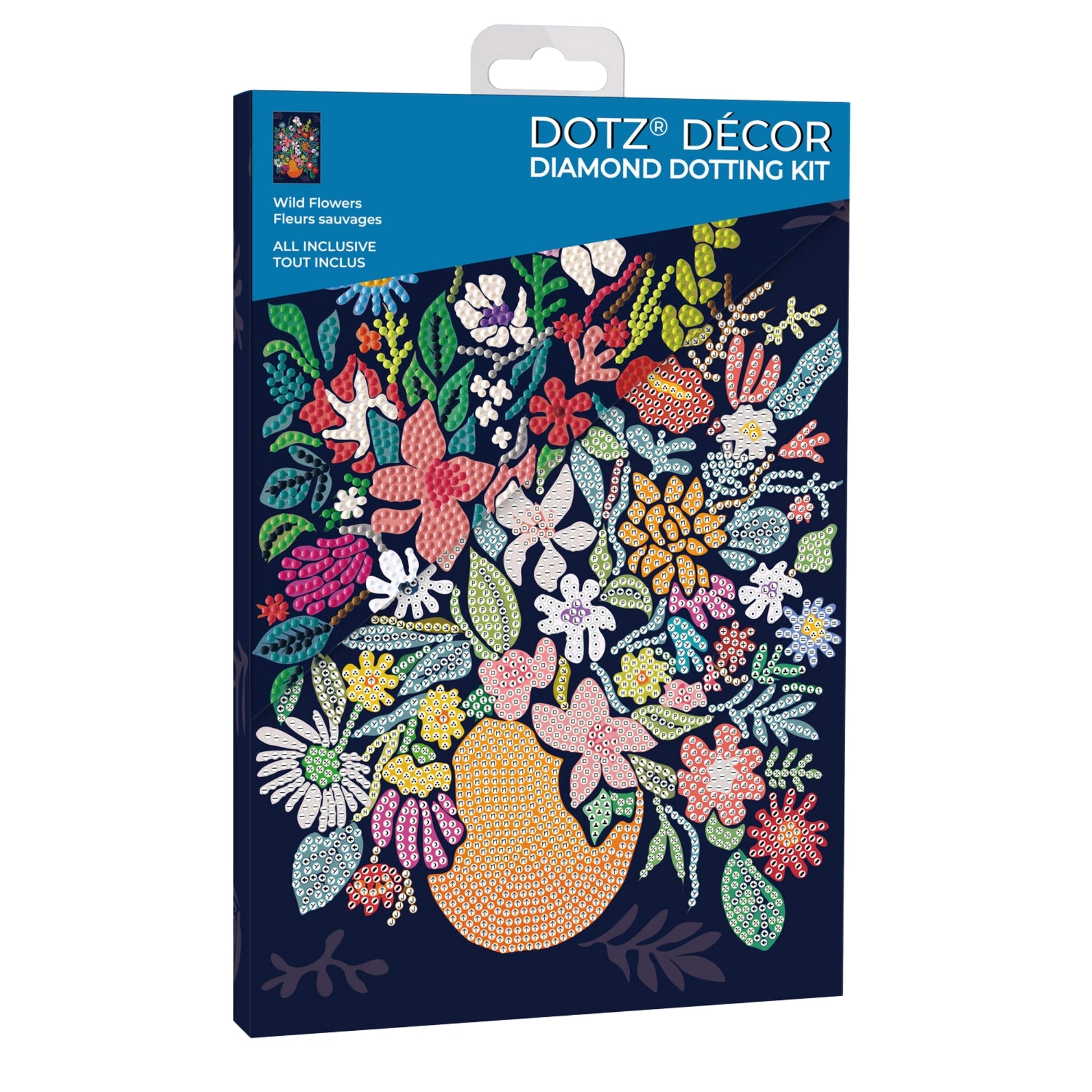 A Diamond Dotz Large Dotz Decor kit box featuring a vibrant, gem-studded floral design in a yellow vase on a dark background. The packaging reads "Wild Flowers" and "All Inclusive.