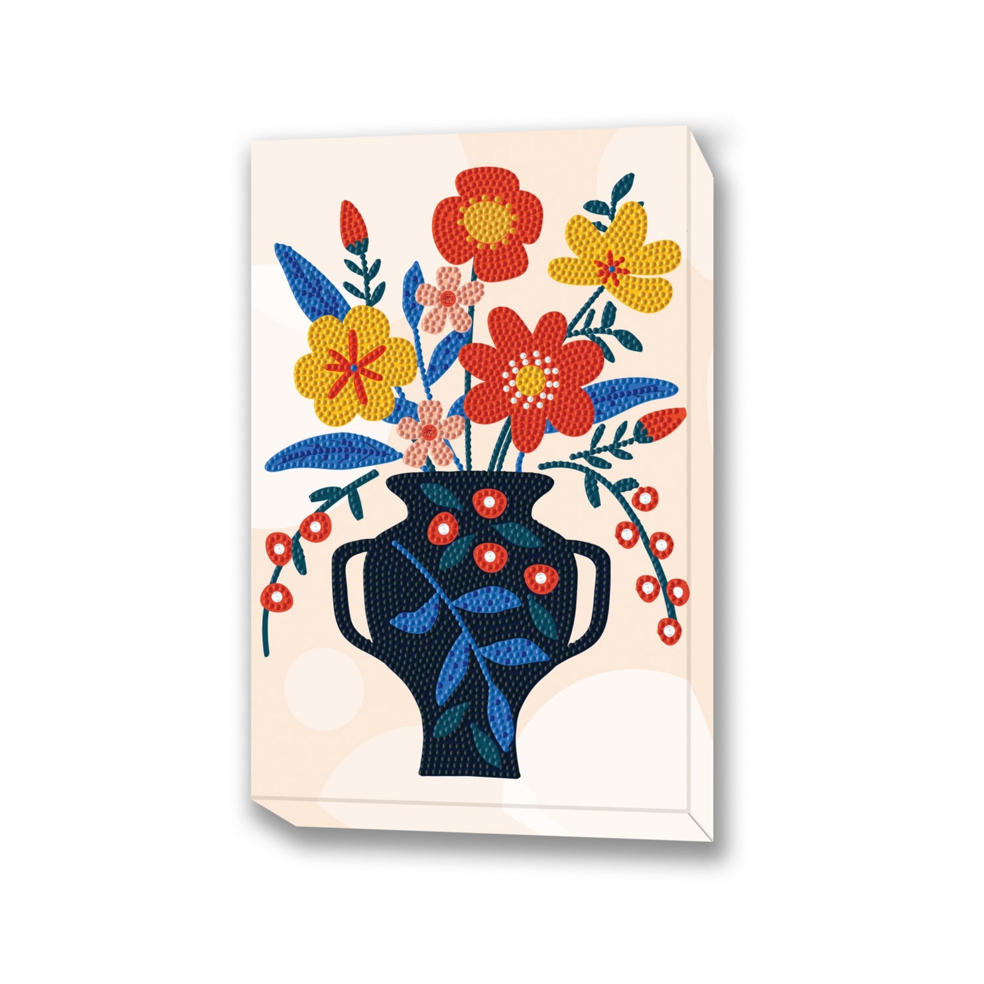 A vibrant Diamond Dotz Large Dotz Decor features red, yellow, and orange flowers with green leaves in a dark blue vase on a light beige background with delicate circular patterns.