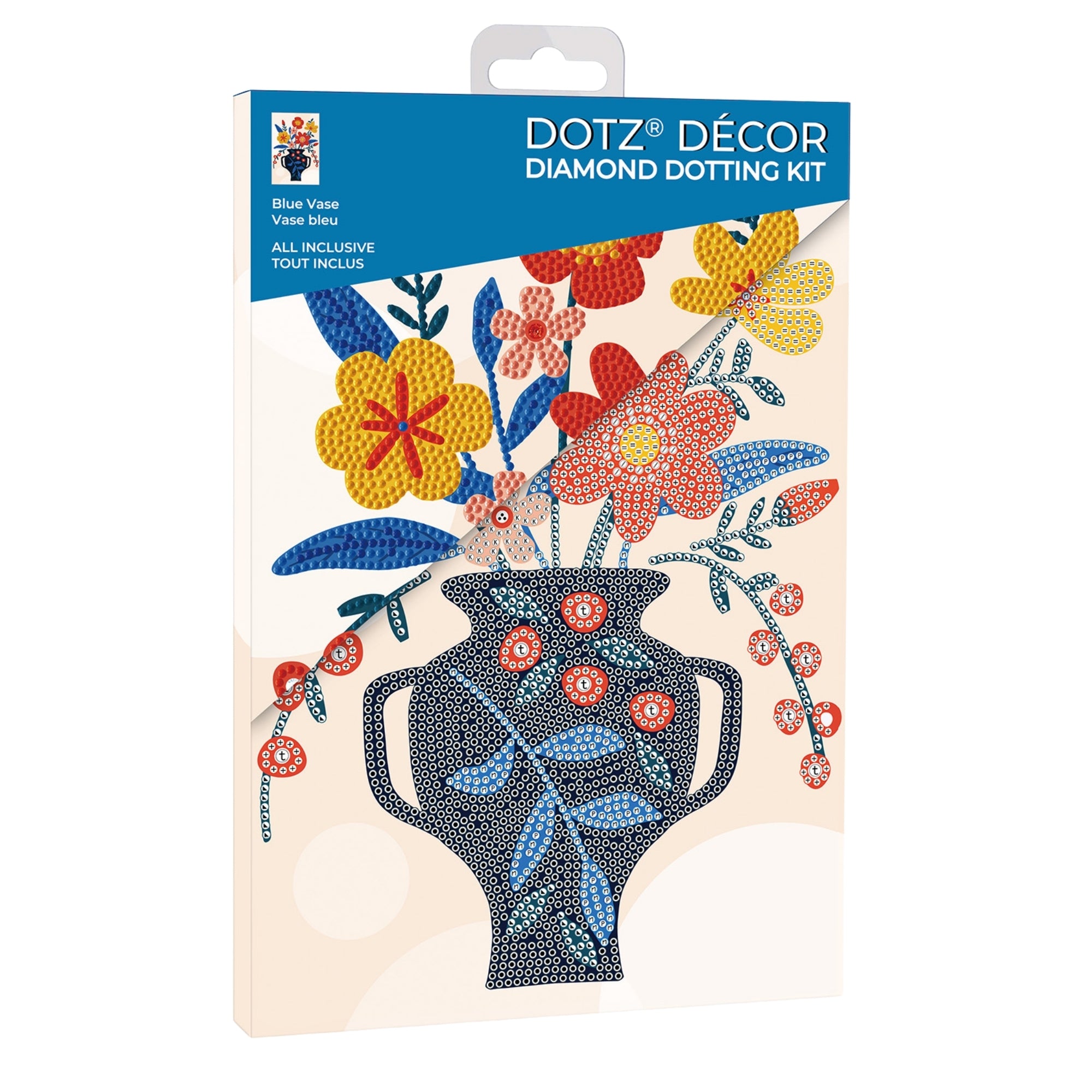 The Diamond Dotz Large Dotz Decor kit box shows a black vase with red, yellow, and orange flowers plus green leaves in a dotted design. The all-inclusive kit is named Blue Vase.