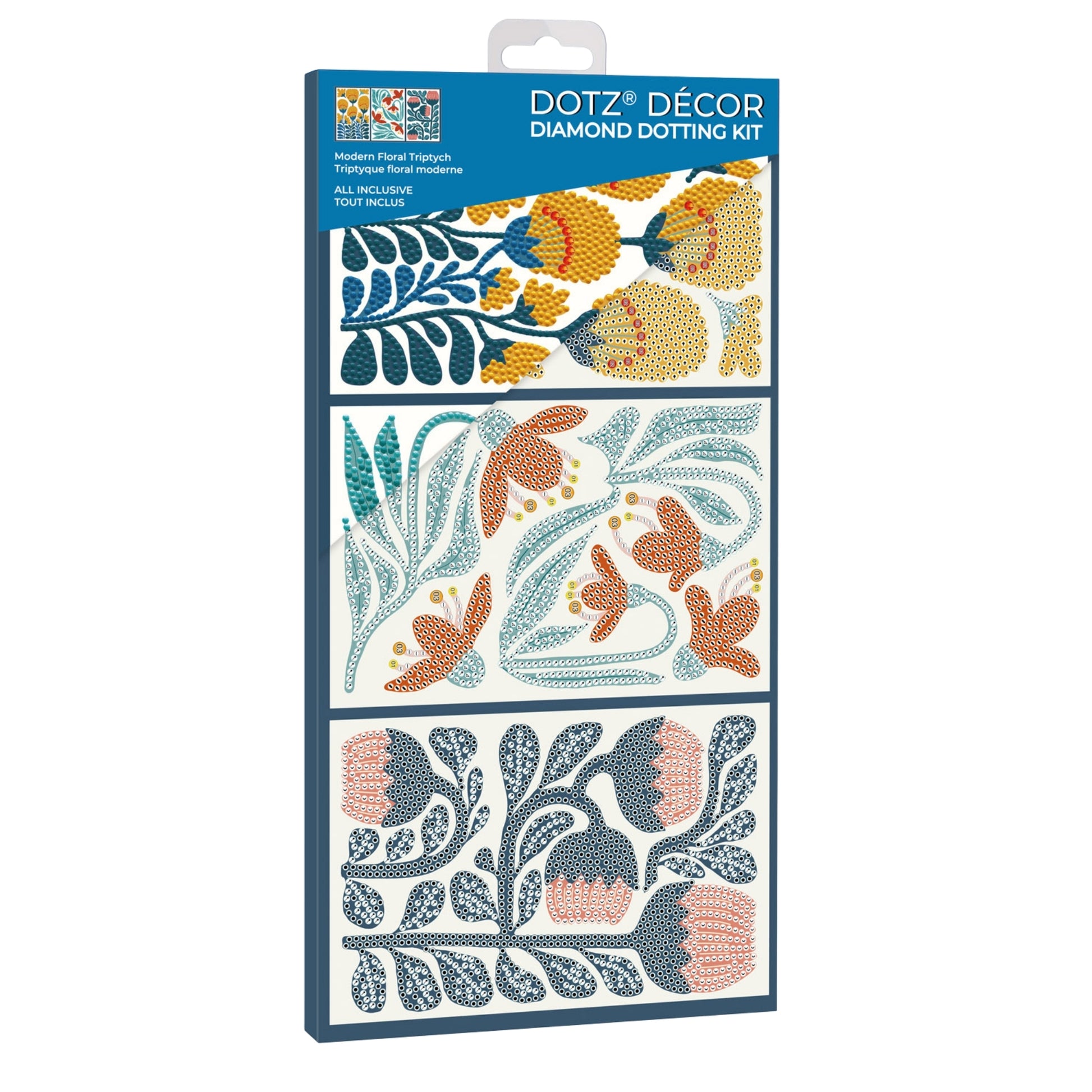 A boxed Diamond Dotz Small Dotz Decor kit featuring three floral tapestry designs with orange, teal, and white flowers and leaves shown on the front of the package.