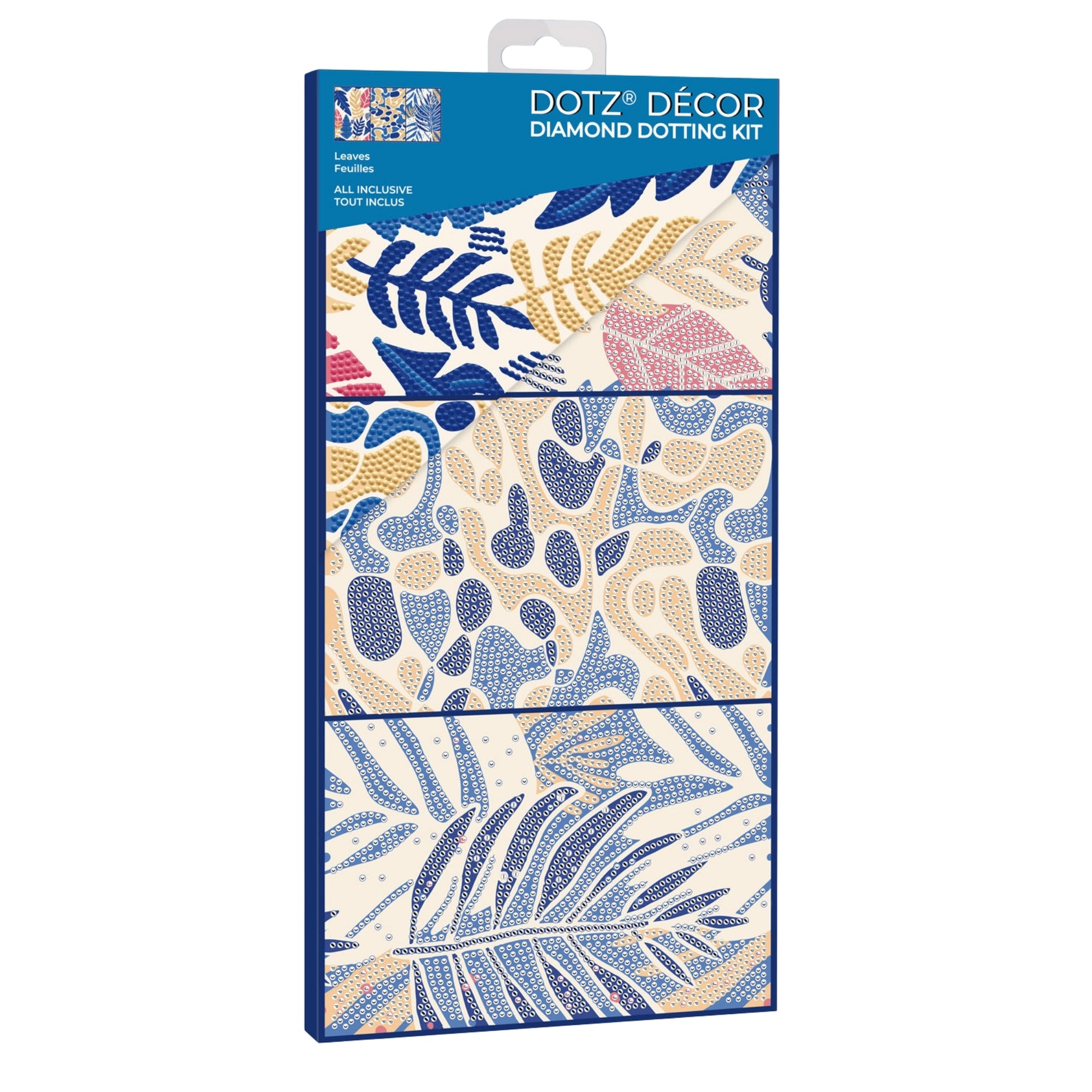 A Diamond Dotz Small Dotz Decor kit box labeled “Leaves,” featuring three panels with blue, gold, pink, and white dotted tropical leaf designs.