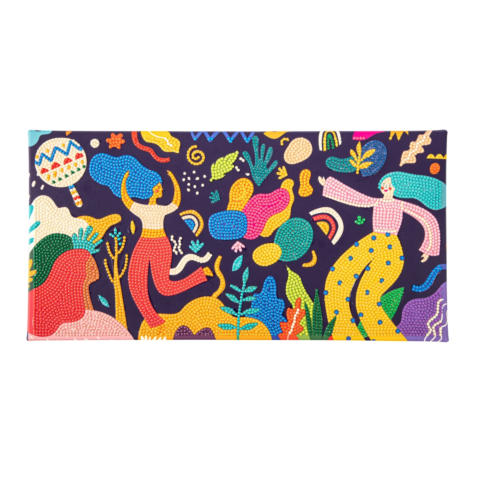 The Diamond Dotz Small Dotz Decor showcases a vibrant, abstract scene of lively human figures, plants, instruments, and playful shapes on a dark blue background with bright yellow, red, blue, and green accents.