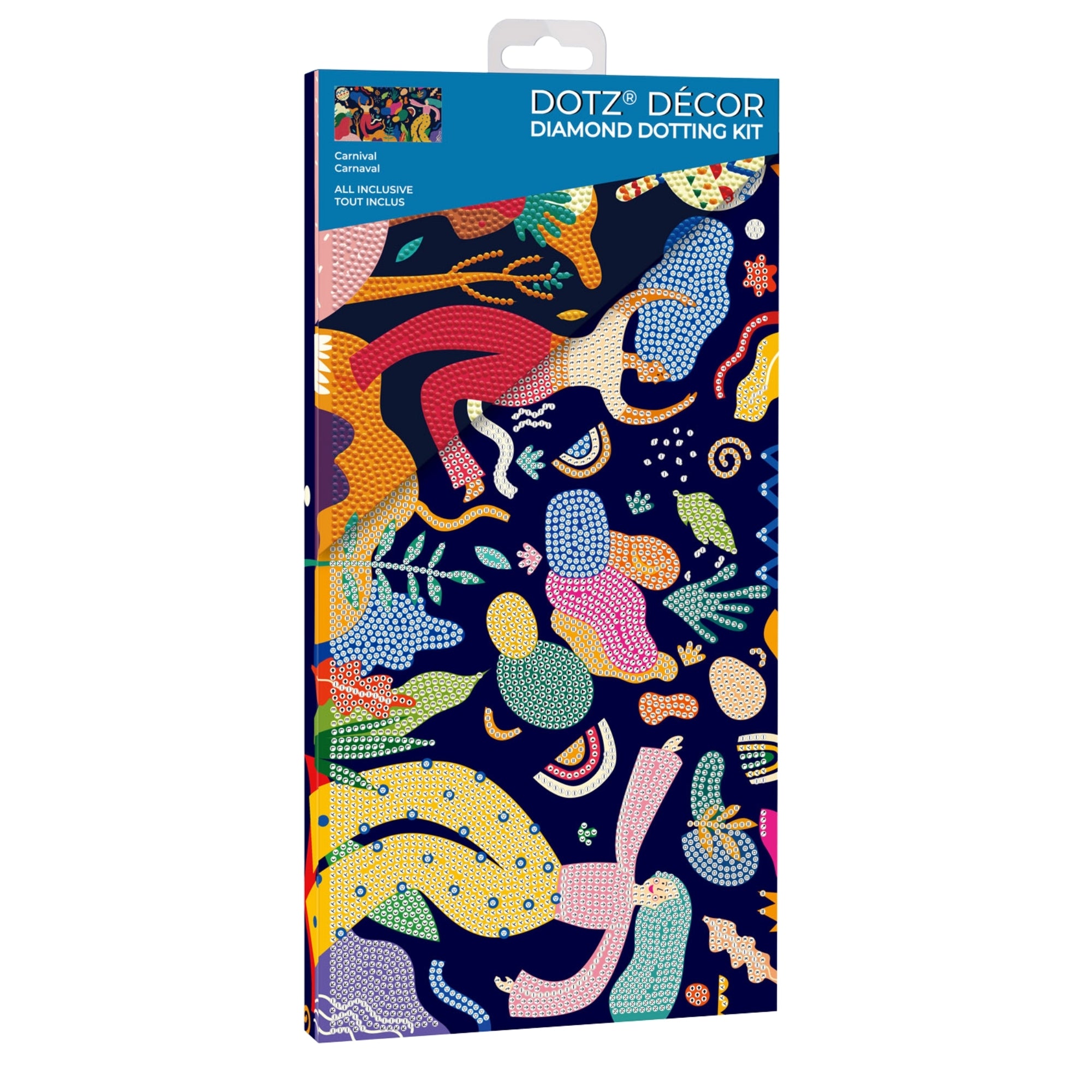 A Diamond Dotz Small Dotz Decor kit called Carnival, featuring colorful abstract animal and plant designs on a dark blue background. The all-inclusive box contains everything needed to complete your diamond dotting project.