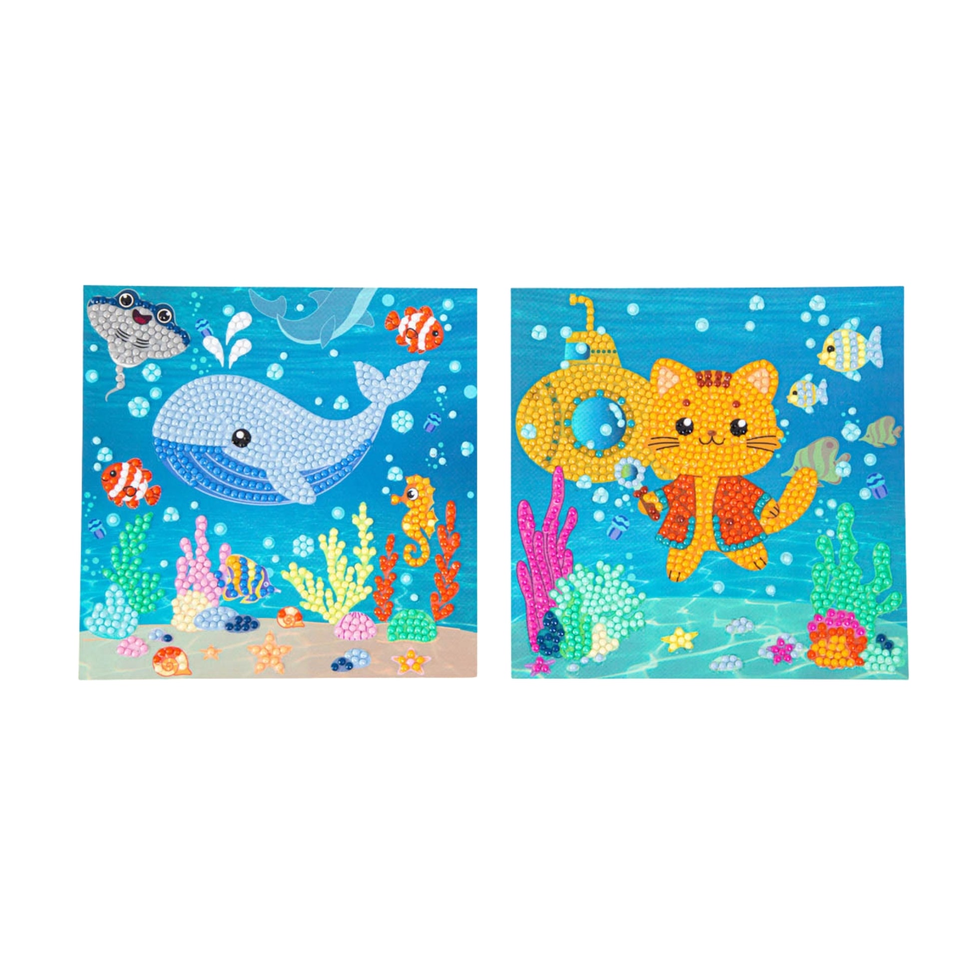 Create two playful underwater scenes with Diamond Dotz Dotz By Number: one features a smiling whale and fish among coral, the other shows an orange cat in a diving mask with fish, plants, and bubbles in vibrant cartoon style.