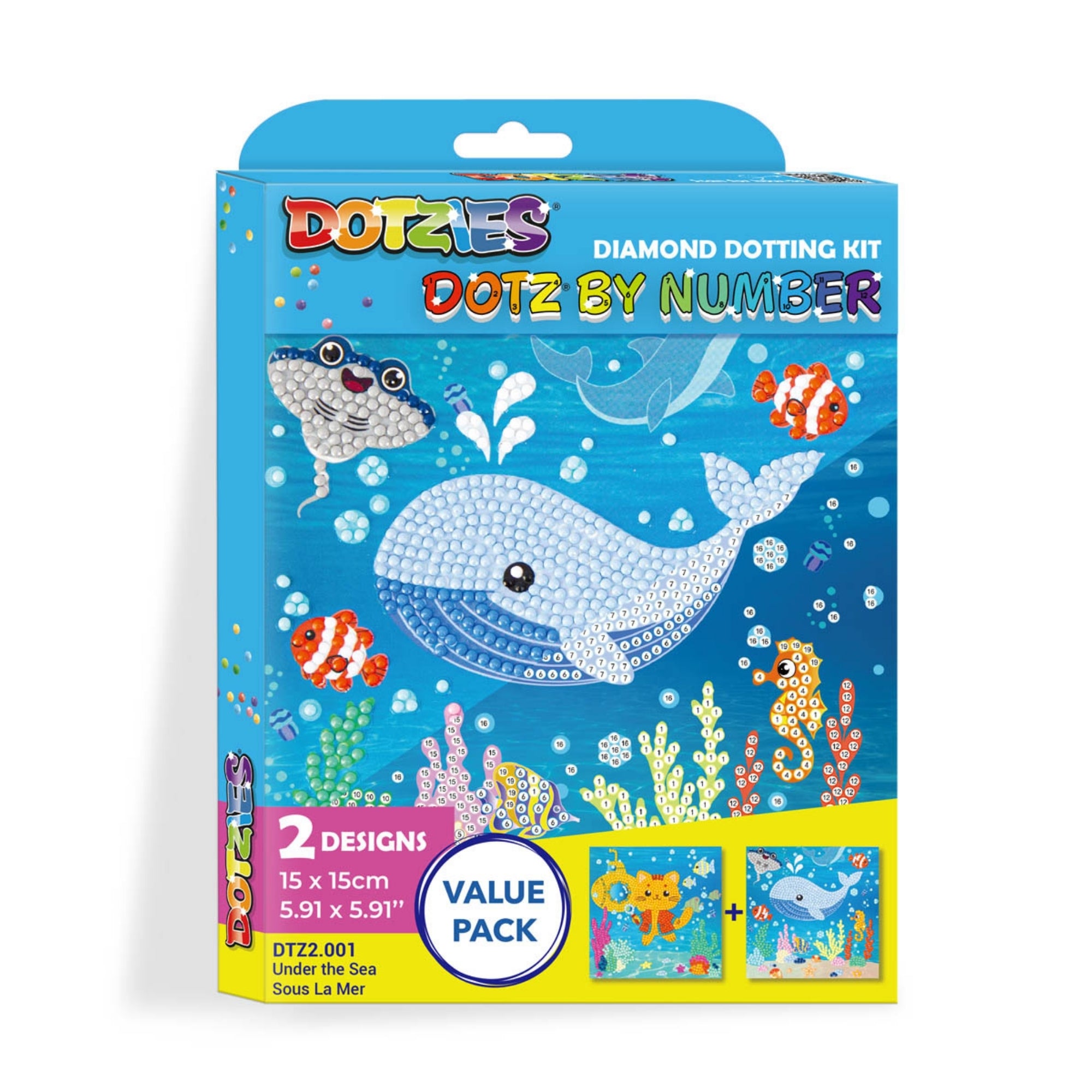 The Diamond Dotz Dotz By Number kit features a blue ocean scene with a whale, fish, and manta ray. This value pack includes 2 Under the Sea designs and is suitable for ages 6 and up.
