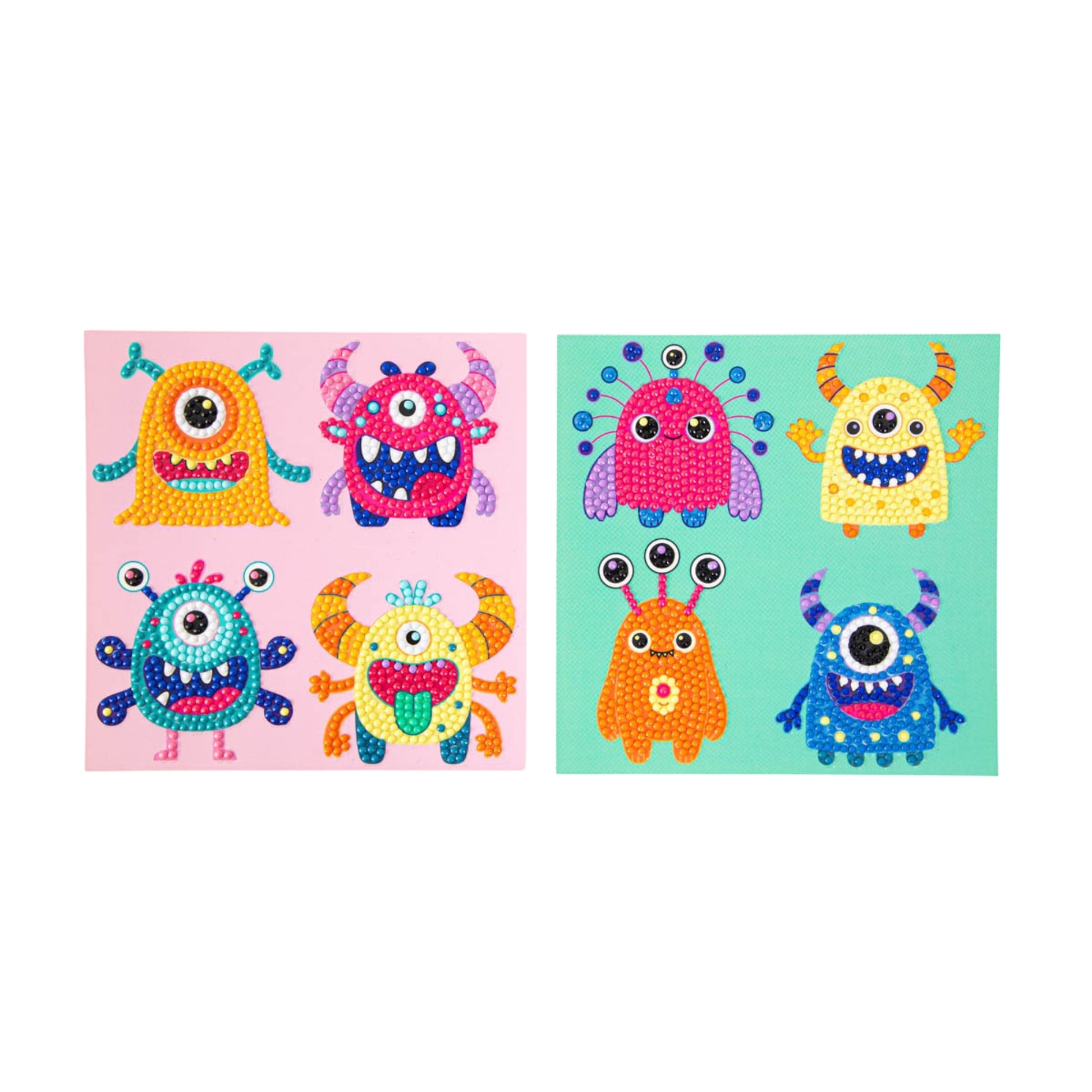 The Diamond Dotz Dotz By Number set features two colorful square panels, each with four friendly cartoon monsters sporting big eyes and playful expressions on bright pink and green backgrounds.