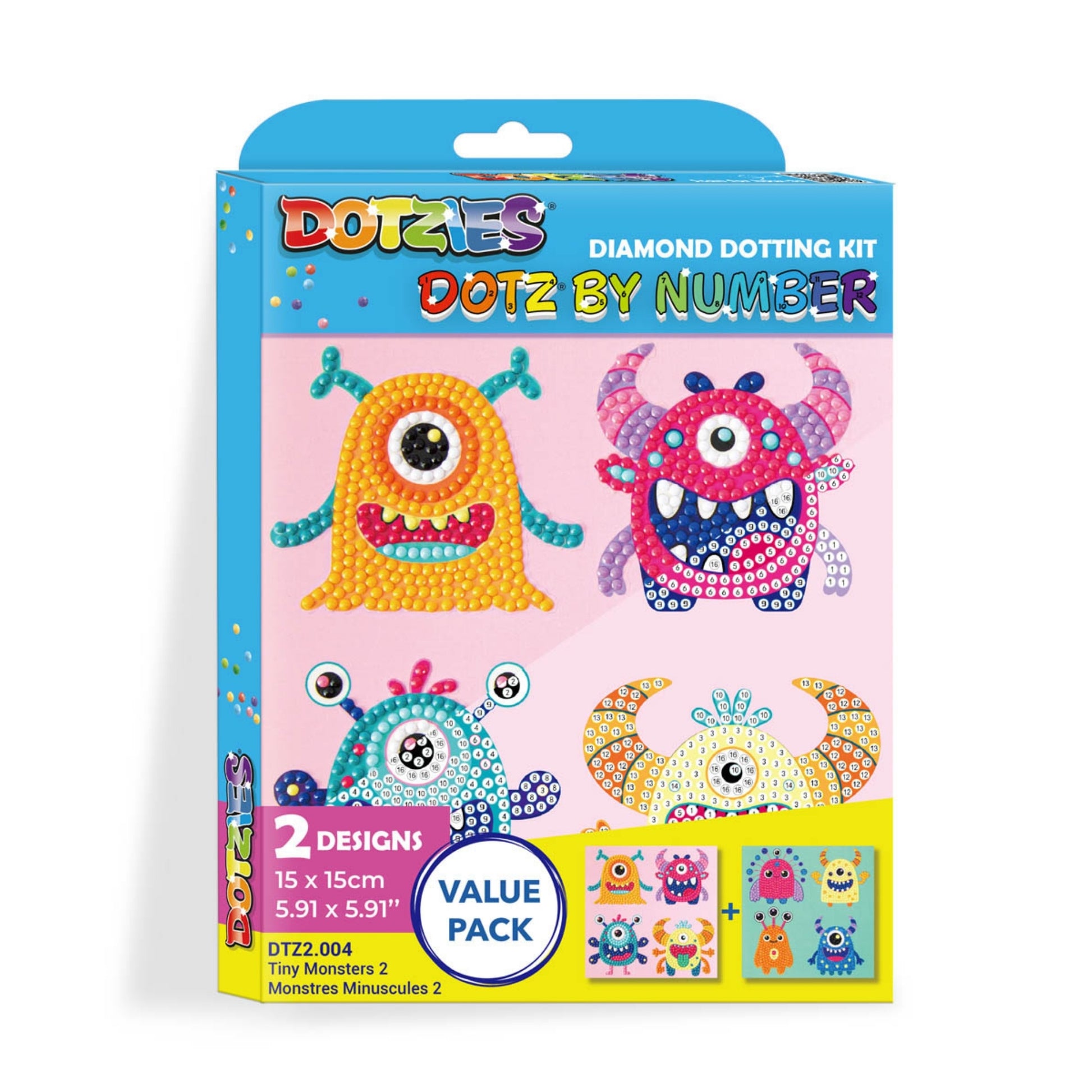 Diamond Dotz Dotz By Number is a colorful kit with four cartoon monster designs made from colored dots. The value pack features two design sizes and packaging that highlights “Dotz by Number.”.