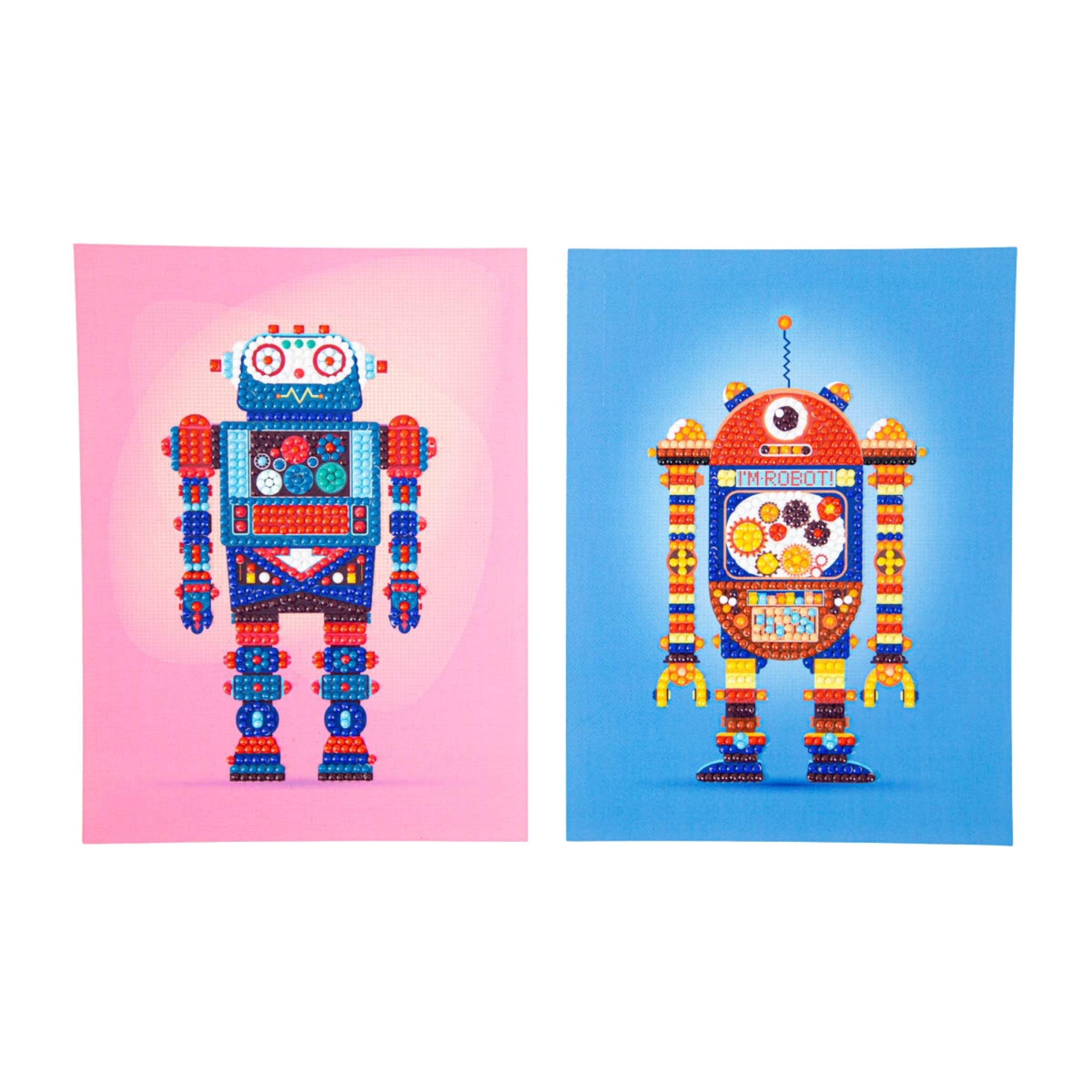 Two vibrant, cartoon-style robots feature in the Diamond Dotz Dotz By Number kit: one on a pink background and one on blue. Both display intricate, geometric designs and bold colors, perfect for creative diamond art enthusiasts.