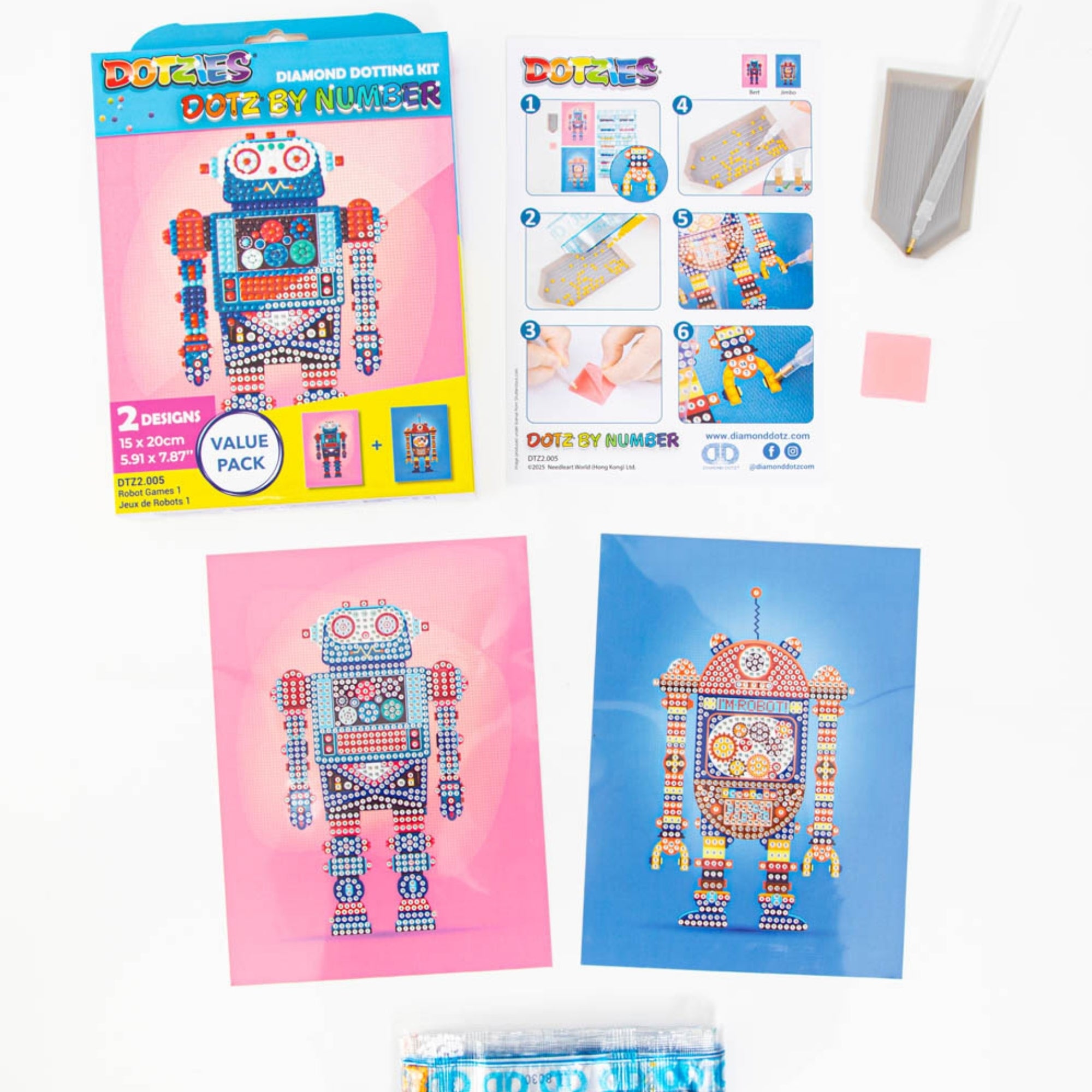The Diamond Dotz Dotz By Number kit features robot-themed designs on pink and blue sheets, and includes a package, instructions, clear pen, wax, trays, and colorful gems for diamond dotting.