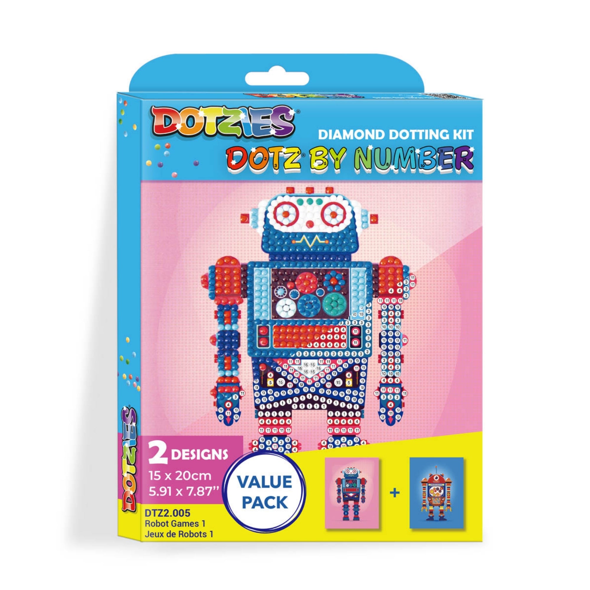 Diamond Dotz Dotz By Number kit features two colorful robot designs in a value pack, ideal for diamond dotting by number.