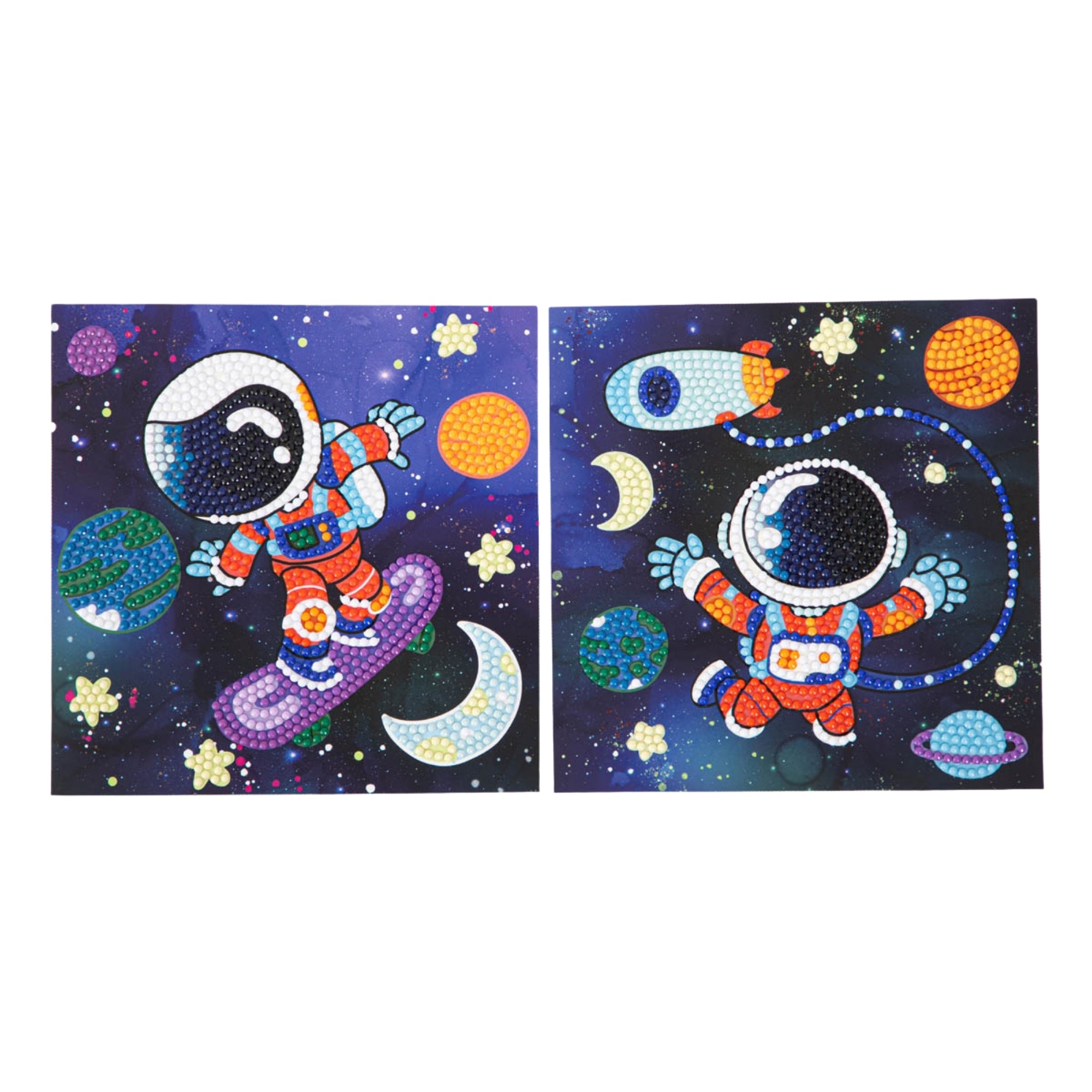 Diamond Dotz Dotz By Number: Two vibrant illustrations feature cartoon astronauts—one skateboarding past planets and stars, the other floating tethered near a rocket amid the moon and celestial objects.