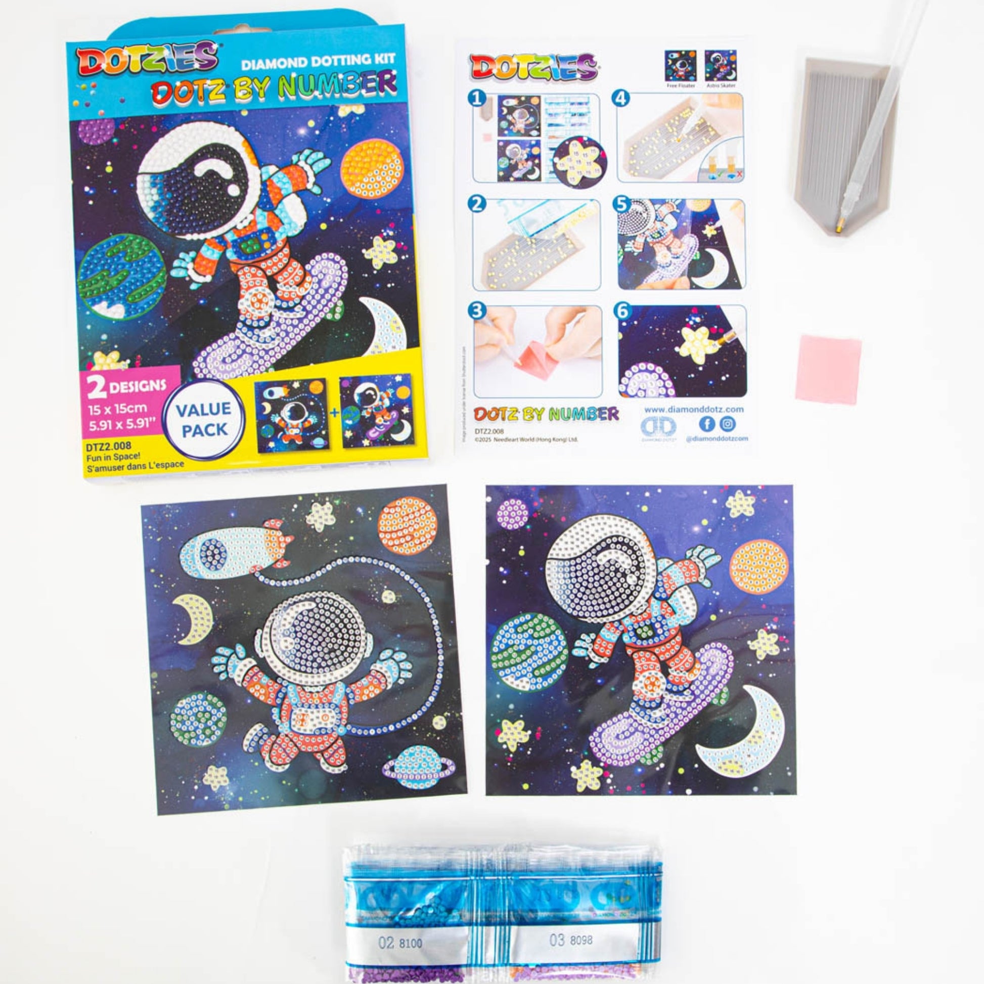 The Diamond Dotz Dotz By Number kit features two astronaut-in-space designs, includes diamond packs, pen tool, tray, wax square, and instructions. Completed art shows an astronaut with planets and stars.