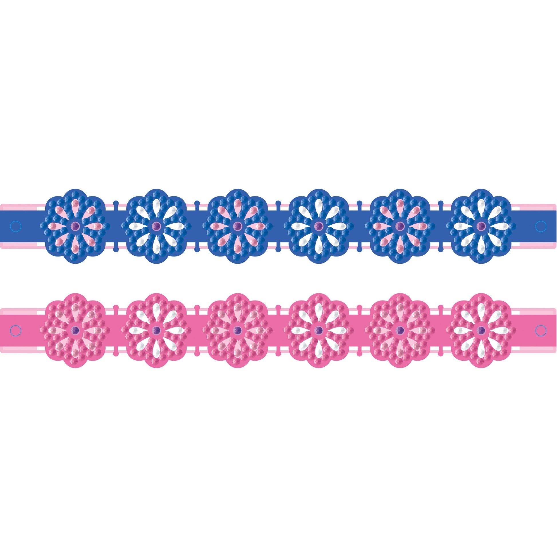 Two Diamond Dotz Dotzies Shaped Bracelets, one blue and one pink, each with a crochet-style flower pattern along the length, are displayed on a white background.