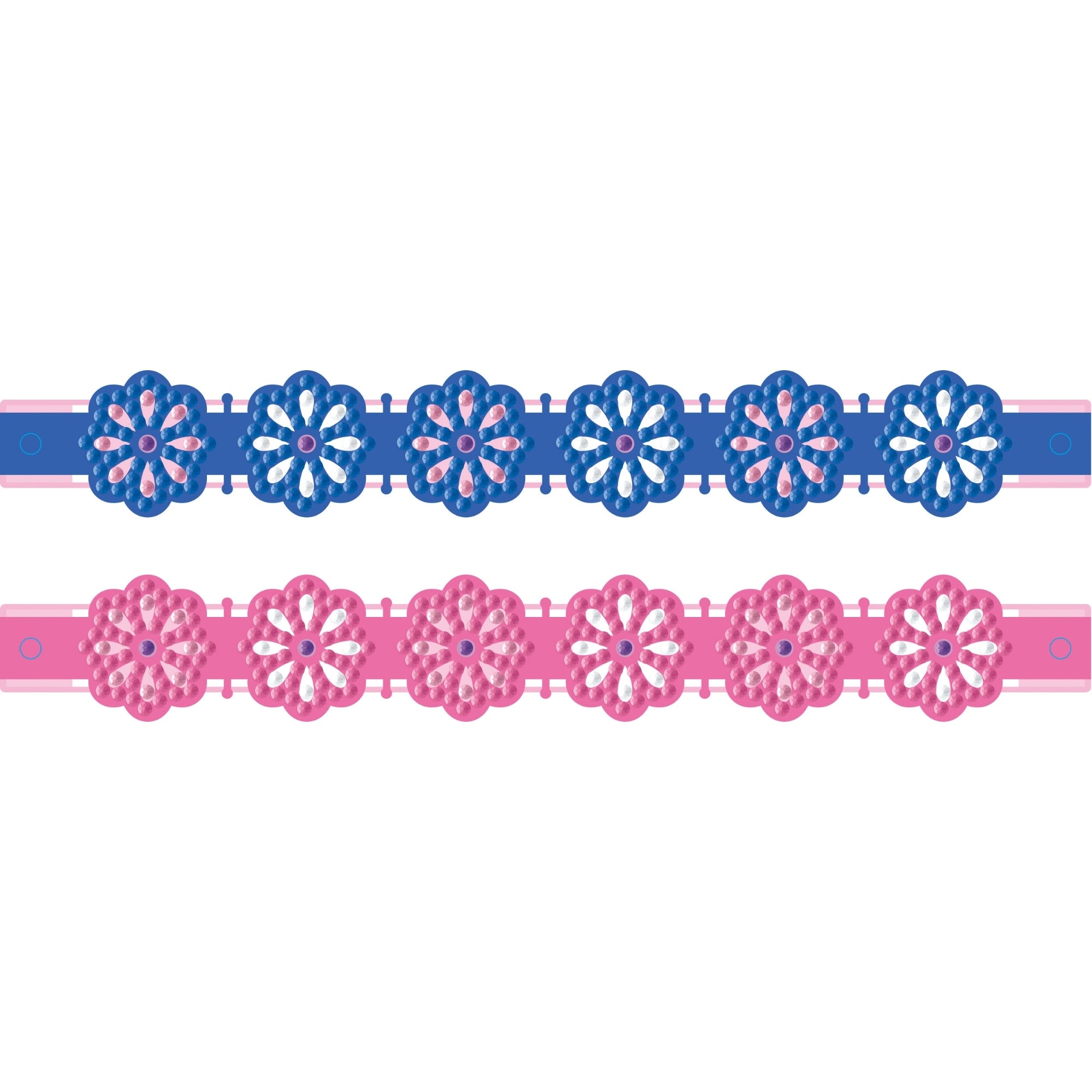Two Diamond Dotz Dotzies Shaped Bracelets, one blue and one pink, each with a crochet-style flower pattern along the length, are displayed on a white background.