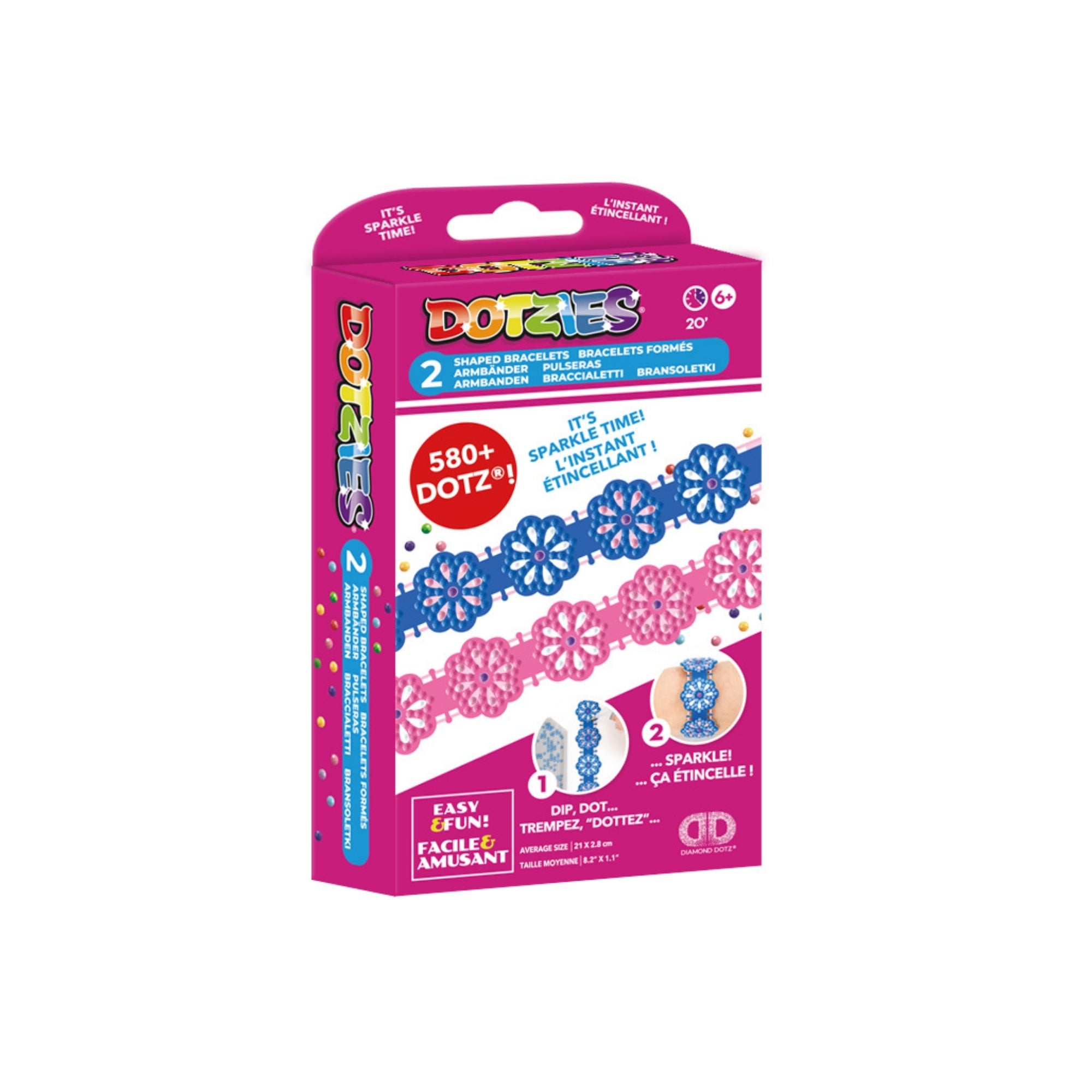 A pink and purple box of Diamond Dotz Dotzies Shaped Bracelets kit with 580+ dotz, two finished bracelets (pink and blue), and text listing the set's contents and features.