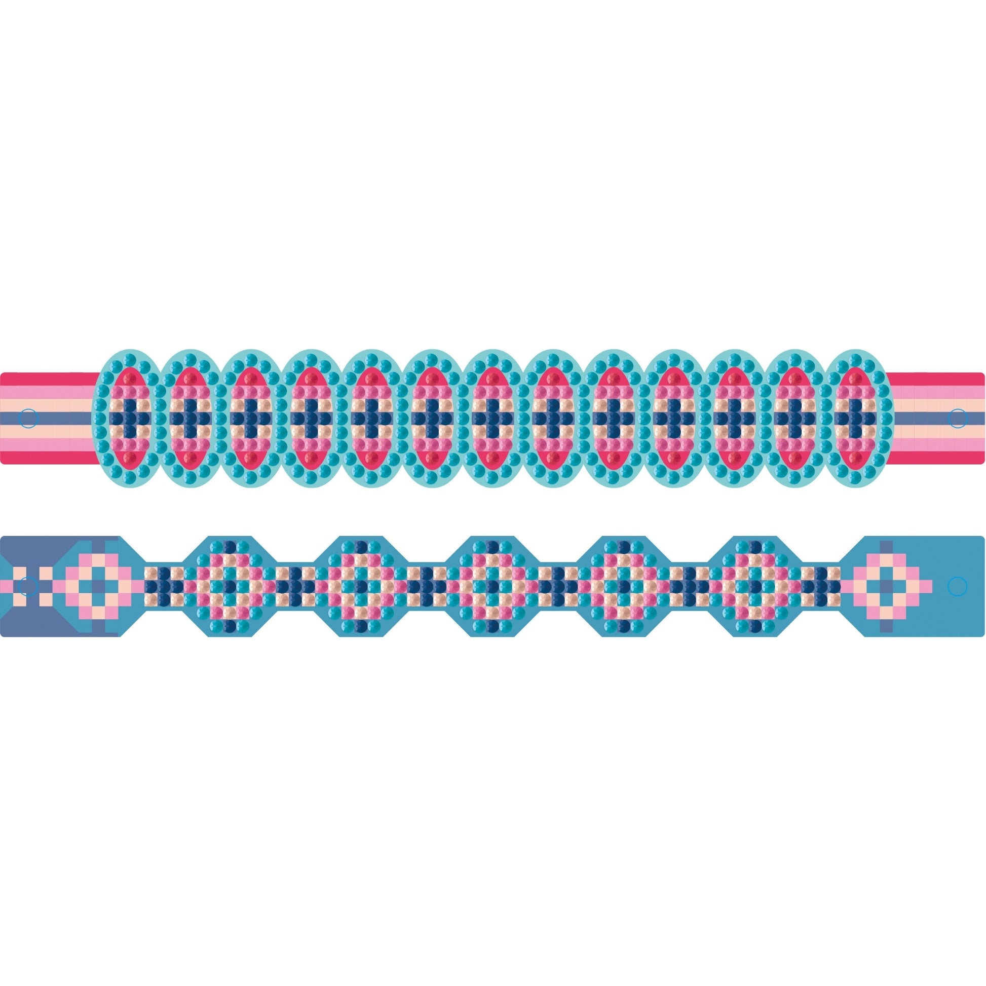 Two Diamond Dotz Dotzies Shaped Bracelets are displayed side by side, featuring colorful beads in pink, blue, turquoise, and dark blue with geometric patterns and symmetrical repeating motifs.