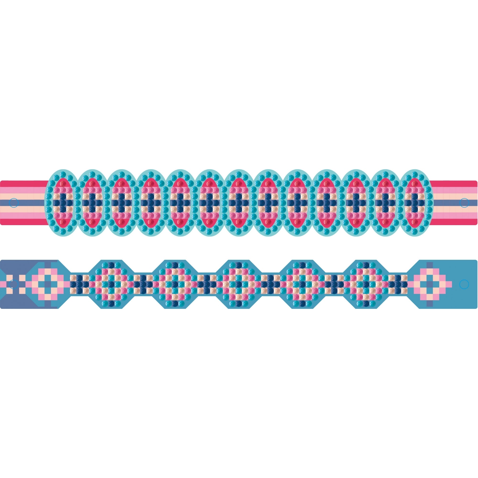 Two Diamond Dotz Dotzies Shaped Bracelets are displayed side by side, featuring colorful beads in pink, blue, turquoise, and dark blue with geometric patterns and symmetrical repeating motifs.