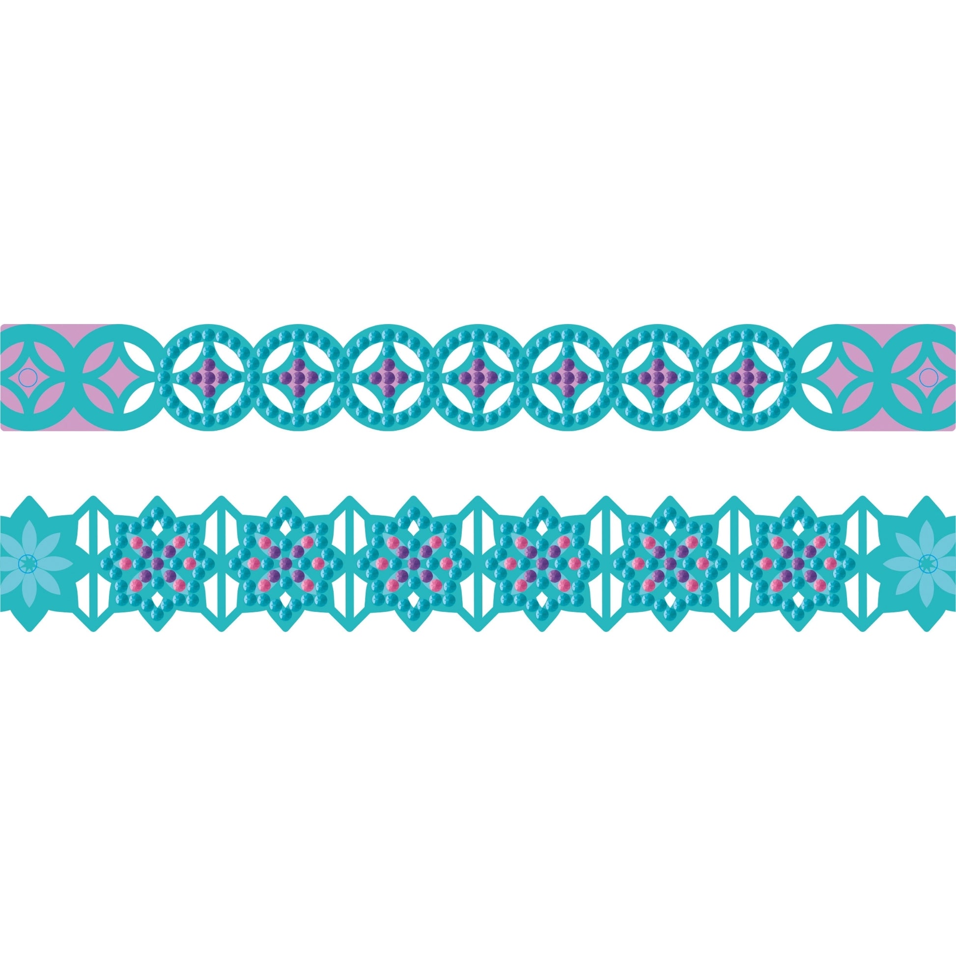 The Diamond Dotz Dotzies Shaped Bracelets feature two decorative borders: the top with interlocking teal circles and pink accents, and the bottom with a geometric teal and pink floral pattern with diamond shapes.