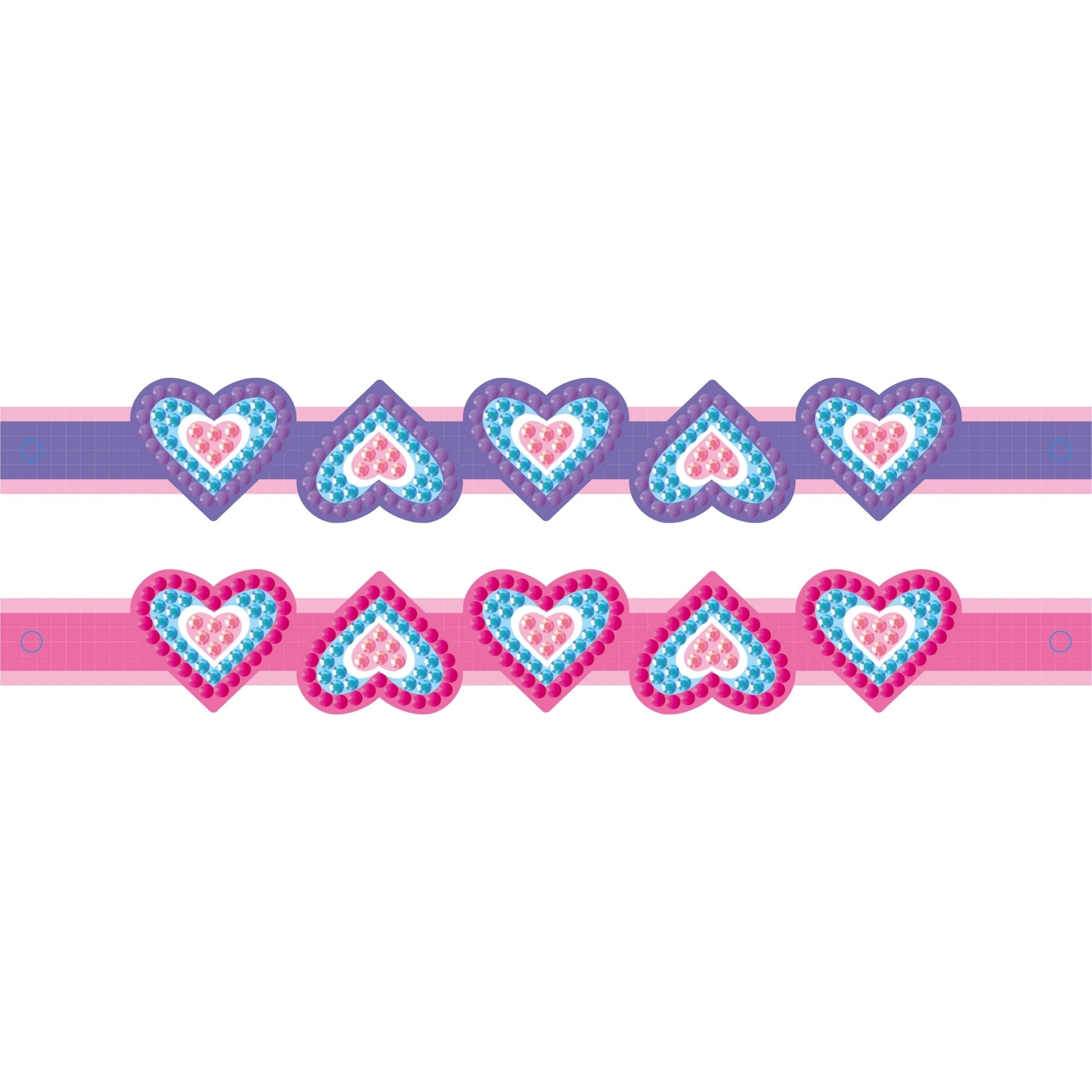 The Diamond Dotz Dotzies Shaped Bracelets set includes two colorful designs: one purple and blue bracelet with blue and pink hearts, and one pink bracelet with pink and blue hearts. Each bracelet features a sequence of five heart shapes.