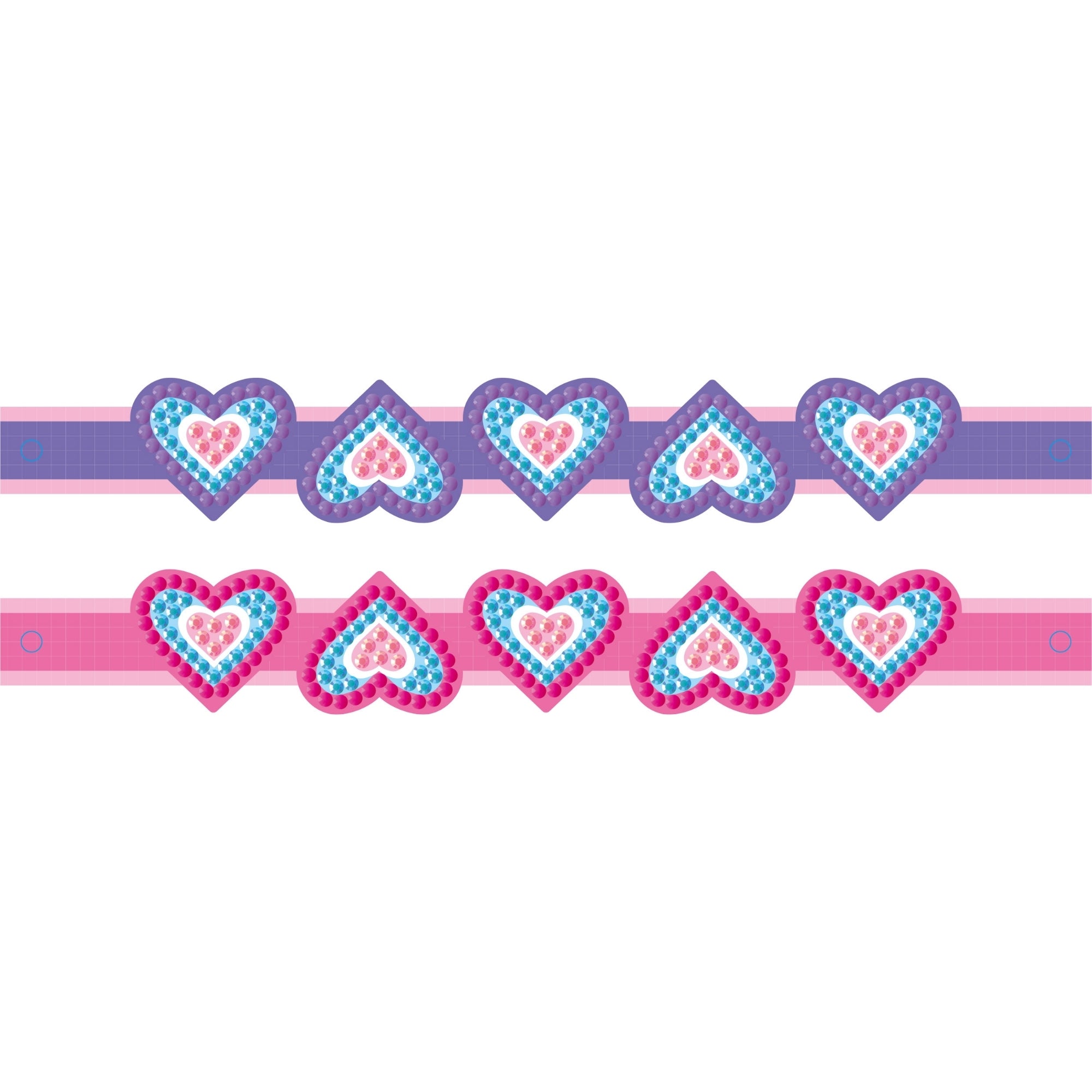 The Diamond Dotz Dotzies Shaped Bracelets set includes two colorful designs: one purple and blue bracelet with blue and pink hearts, and one pink bracelet with pink and blue hearts. Each bracelet features a sequence of five heart shapes.