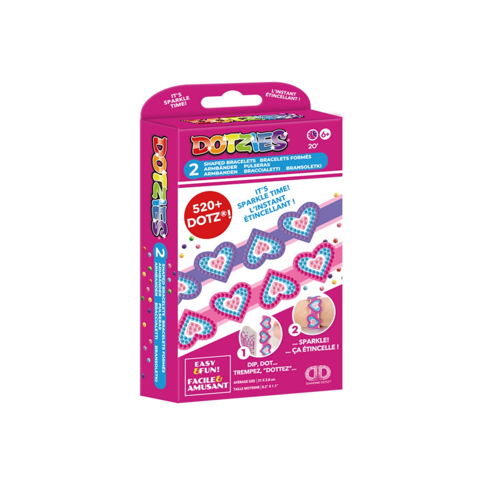 Diamond Dotz Dotzies Shaped Bracelets kit includes 520+ dots, 2 bracelets with pink, blue, and white heart designs. The package shows sparkling beaded bracelets.