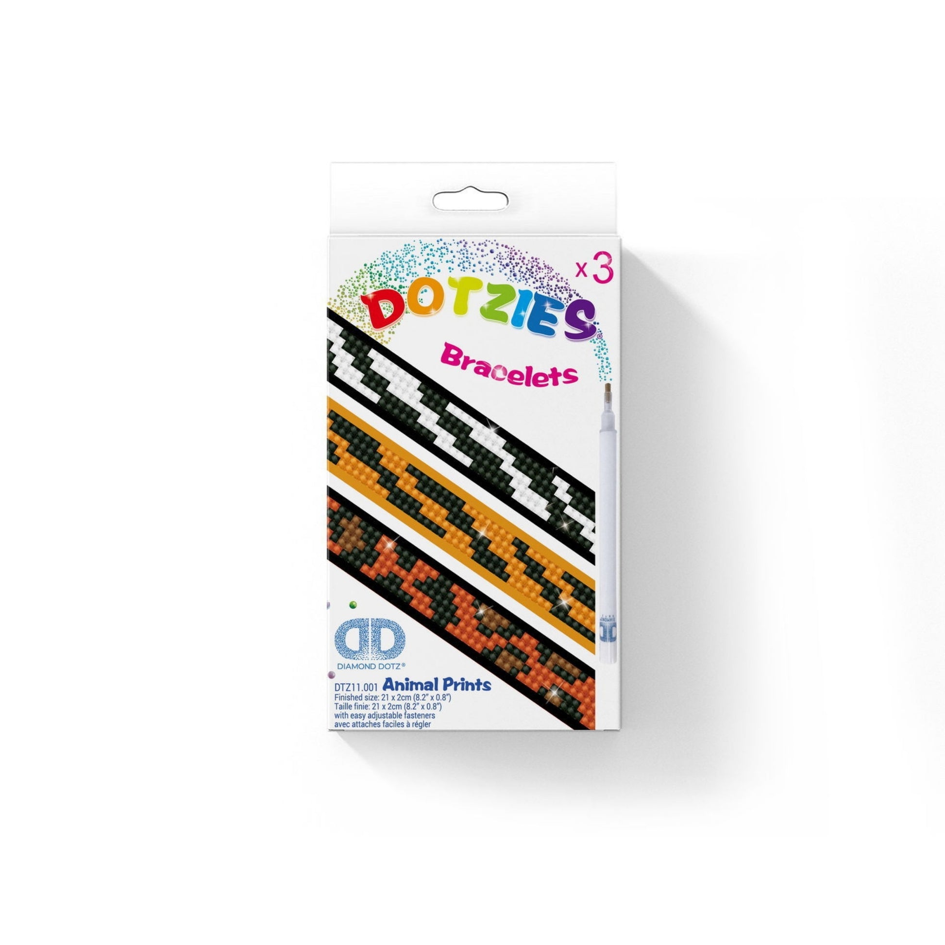 A Diamond Dotz Dotzies Bracelets kit box shows three animal print beaded bracelet designs in yellow, black, white, and orange, with "Bracelets" and "x3" displayed on the front.
