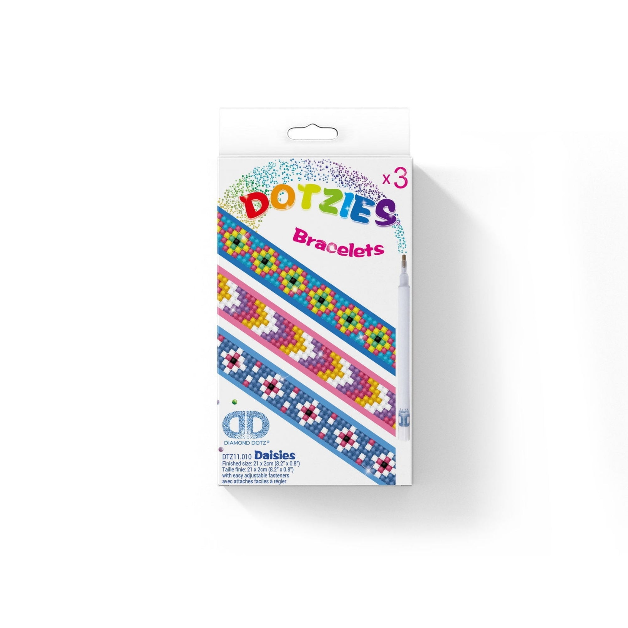 The Diamond Dotz Dotzies Bracelets kit box displays three colorful beaded bracelet designs on the front, features “Dotzies Bracelets” text, a top handle, and mostly white packaging with vibrant accents.