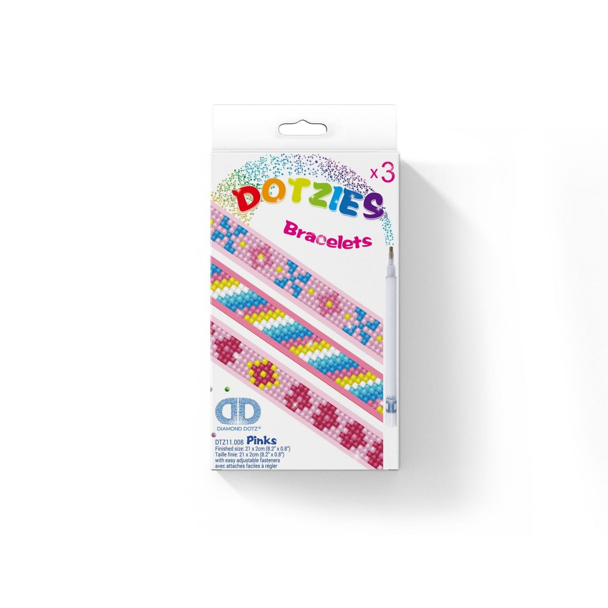 A white box labeled "Diamond Dotz Dotzies Bracelets" featuring three beaded bracelet designs in pink, blue, and yellow. The package includes materials to make three bracelets.