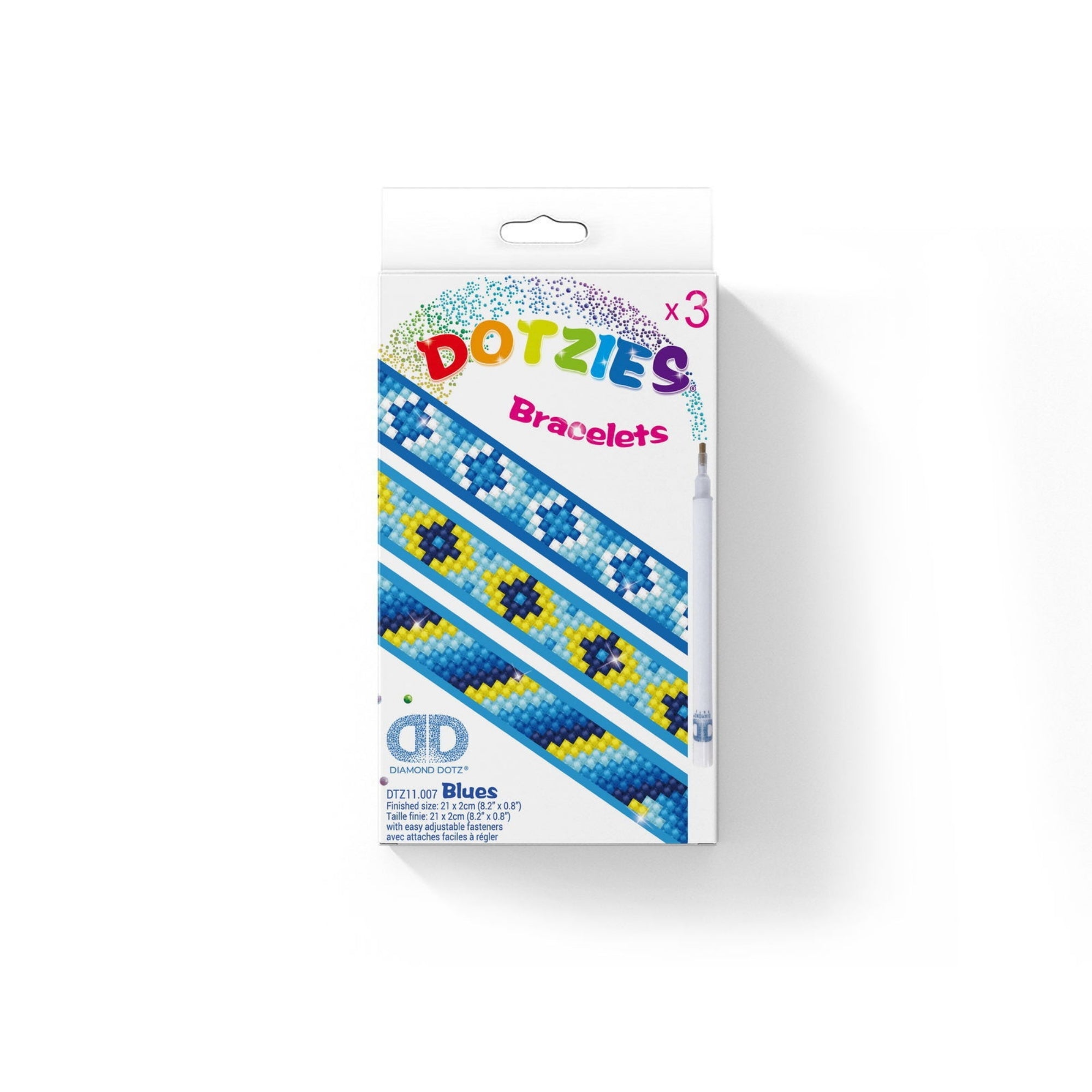 A box of Diamond Dotz Dotzies Bracelets shows three beaded bracelet designs in blue, yellow, and white on the front, along with the brand name and an example marker pen.