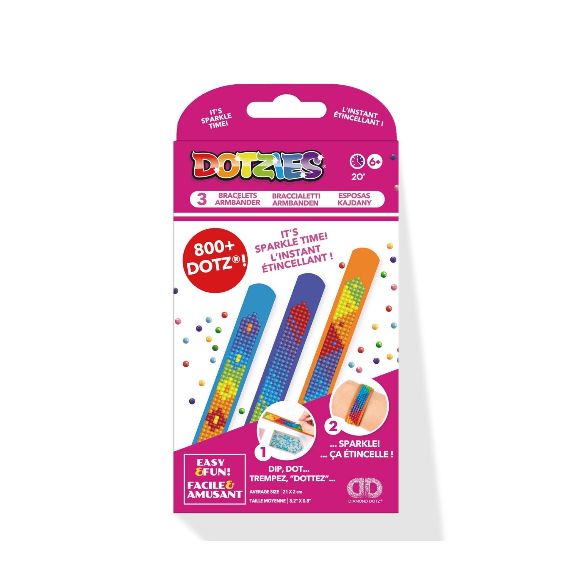 The Diamond Dotz Dotzies Bracelets kit features a pink package with three bracelets, colorful gem dotz, and highlights 800+ dotz. Includes "Its sparkle time!" and "Easy, fun, facile, amusant." For ages 6+.