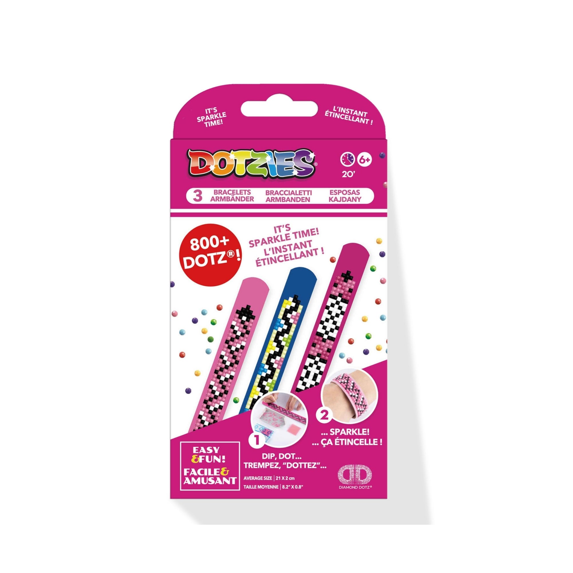 A package of Diamond Dotz Dotzies Bracelets displays three colorful, sparkly dot bracelet designs. The packaging features “800+ Dotz!”, “It’s Sparkle Time!”, and instructions for making your own bracelets.