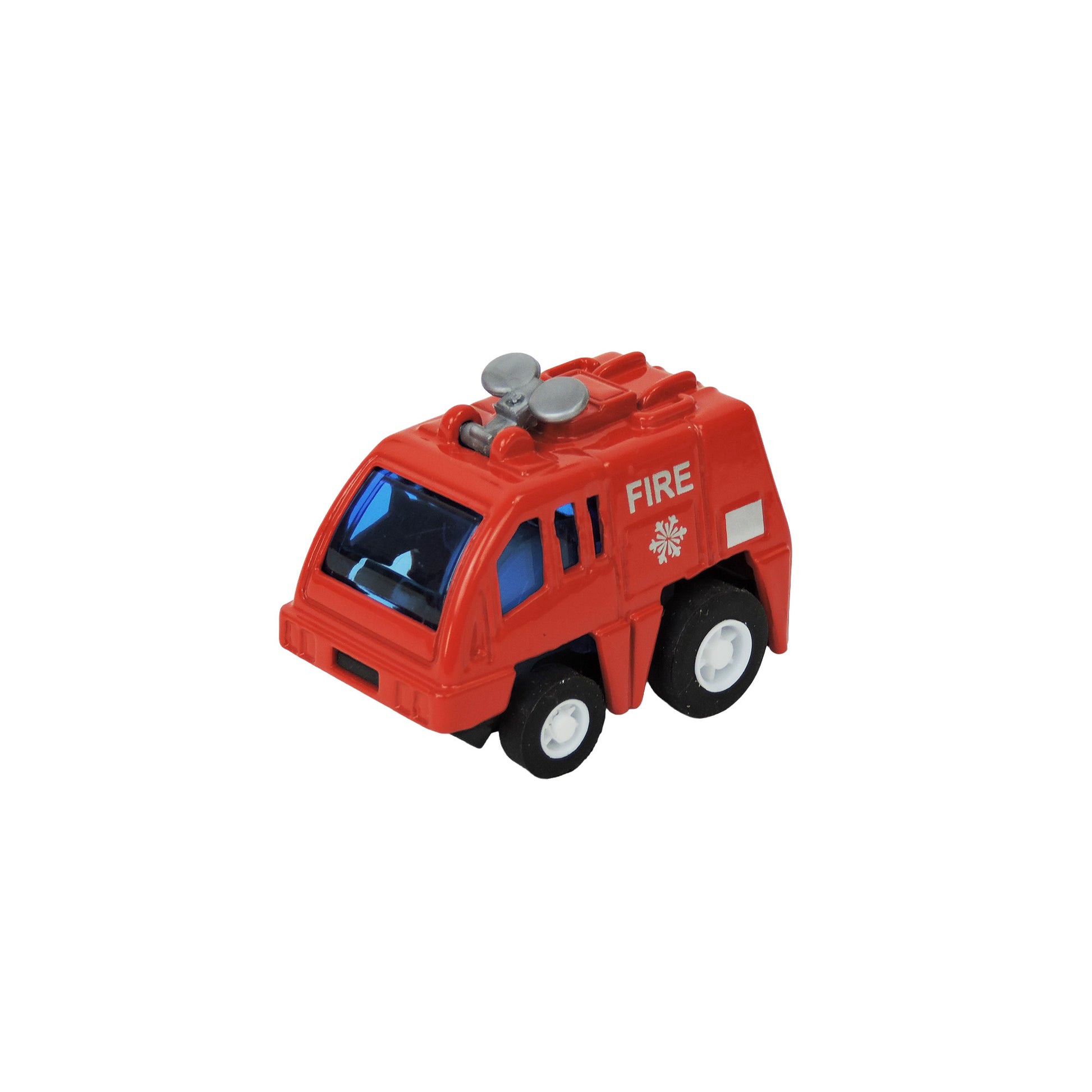 The Alloy Alley Medium Die Cast P/B Rescue Vehicle is a small red toy fire truck with blue windows, black and white wheels, "FIRE" on the side, and a pull-back motor, by Alloy Alley. Isolated on a white background.