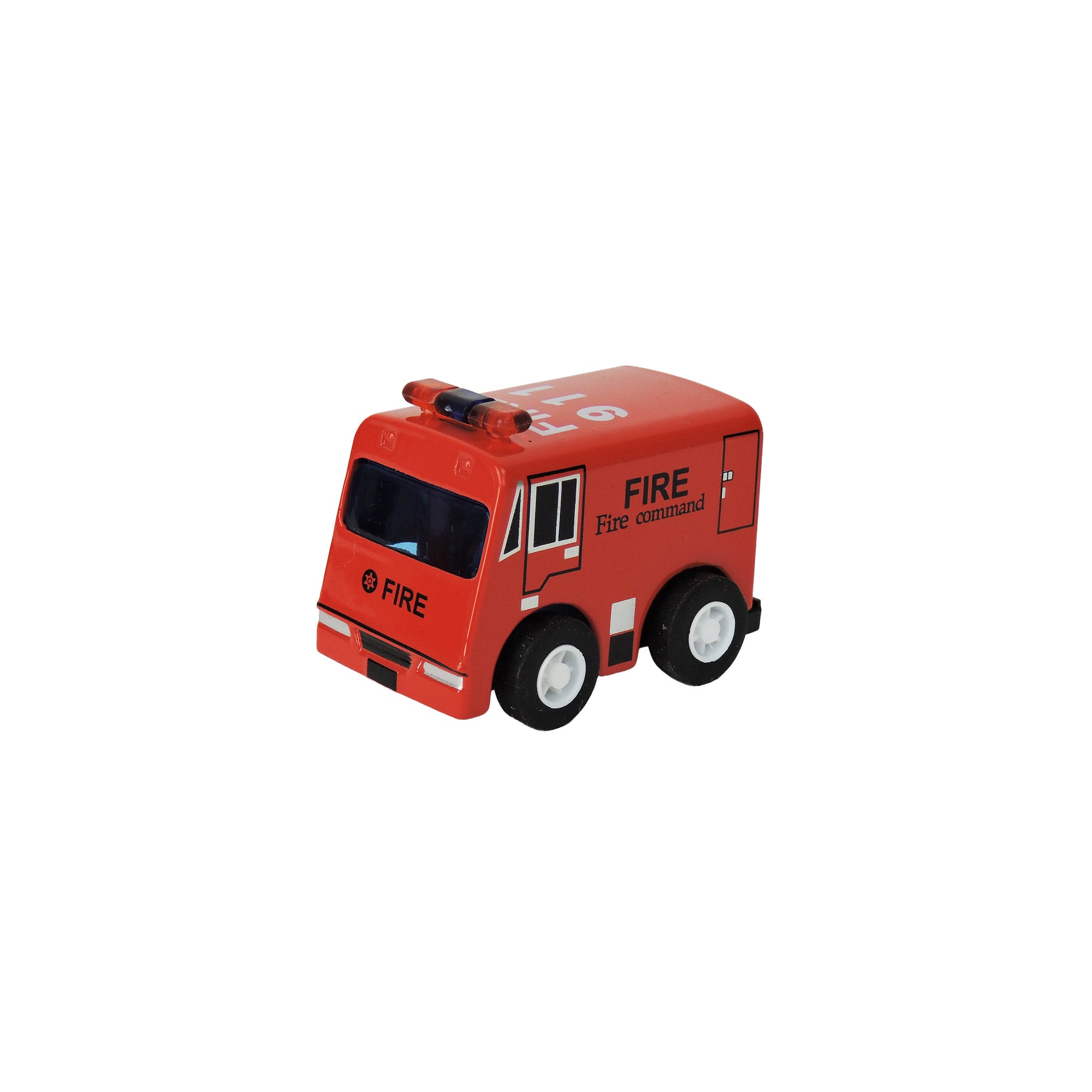 The Alloy Alley Medium Die Cast P/B Rescue Vehicle by Alloy Alley features a red body, black wheels, pull-back motor, small siren light on top, and FIRE and Fire command on the side. Displayed against a plain white background.