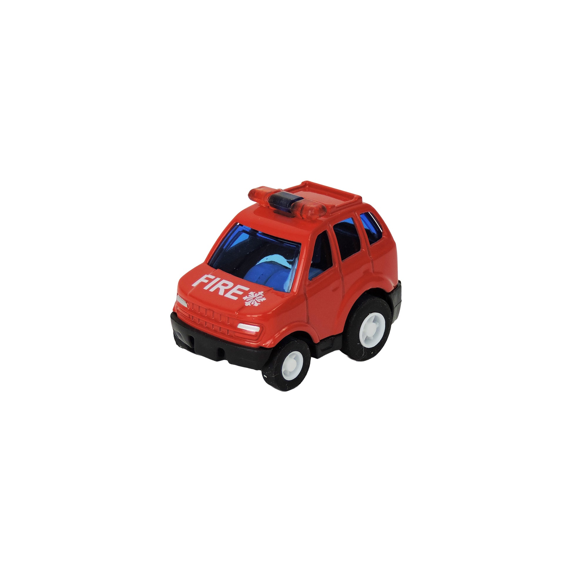 The Alloy Alley Medium Die Cast P/B Rescue Vehicle features a red body, black wheels, blue-tinted windows, and “FIRE” on the hood. Perfect for emergency toy collections. Displayed on a white background. Brand: Alloy Alley.