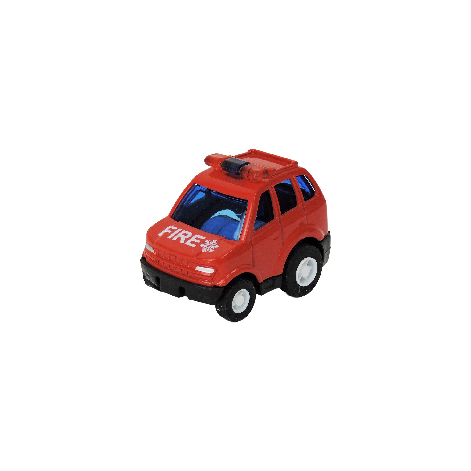 The Alloy Alley Medium Die Cast P/B Rescue Vehicle features a red body, black wheels, blue-tinted windows, and “FIRE” on the hood. Perfect for emergency toy collections. Displayed on a white background. Brand: Alloy Alley.