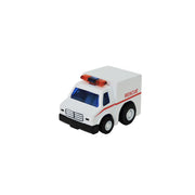 The Alloy Alley Medium Die Cast P/B Rescue Vehicle features a white body, blue windows, orange emergency lights, and "RESCUE" in red—an ideal addition to any emergency response toy collection.